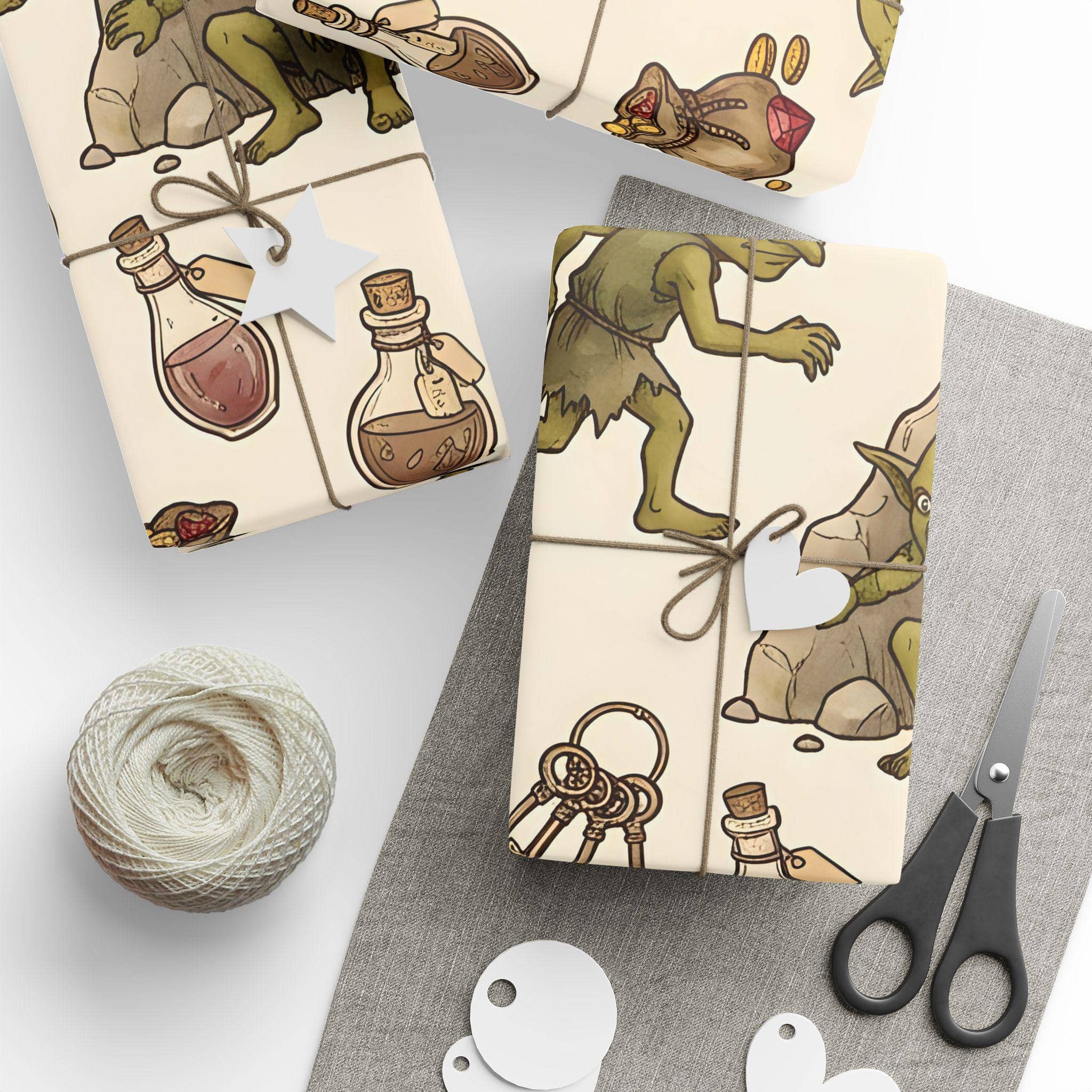 Delight your tabletop party with a seamless storybook pattern of mischievous loot-stealing goblins making off with polyhedral dice and shiny treasure, printed on wrapping paper, in a room setting