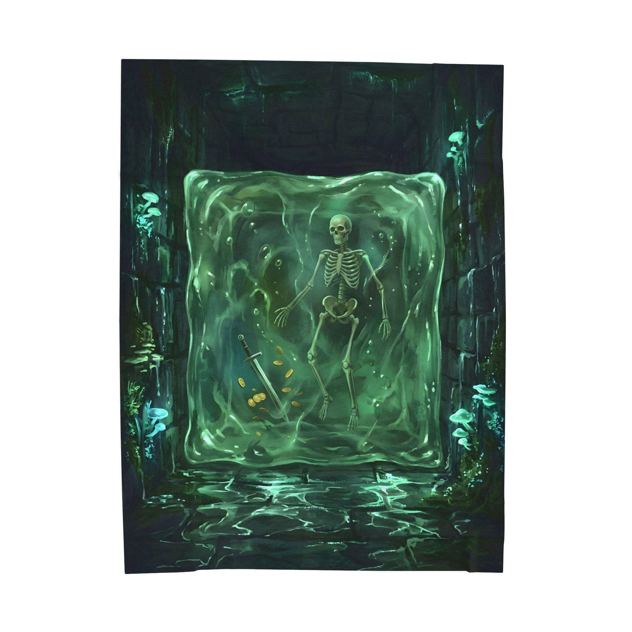 An eye-catching, full-bleed throw blanket depicting a luminous gelatinous cube suspended with adventurer gear, front view