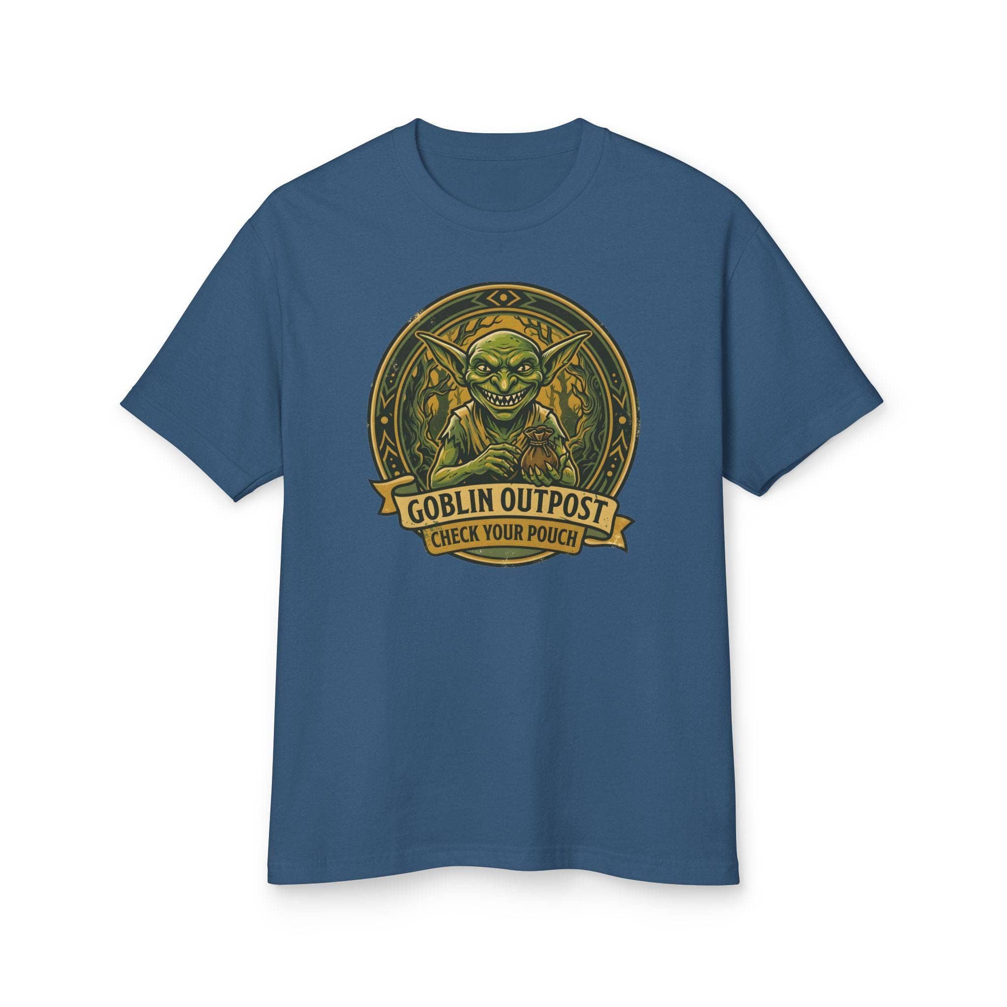 Deadpan national park style graphic tee warning tabletop adventurers to guard their coin pouches from grinning goblin scavengers, front view