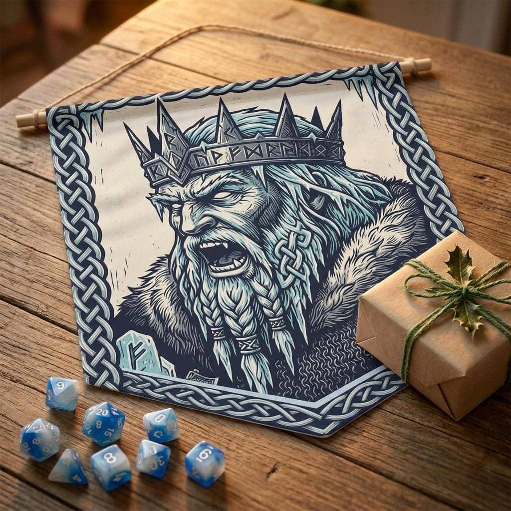 An authentic medieval heraldic banner featuring a fierce Frost Giant Jarl, shown as a gift