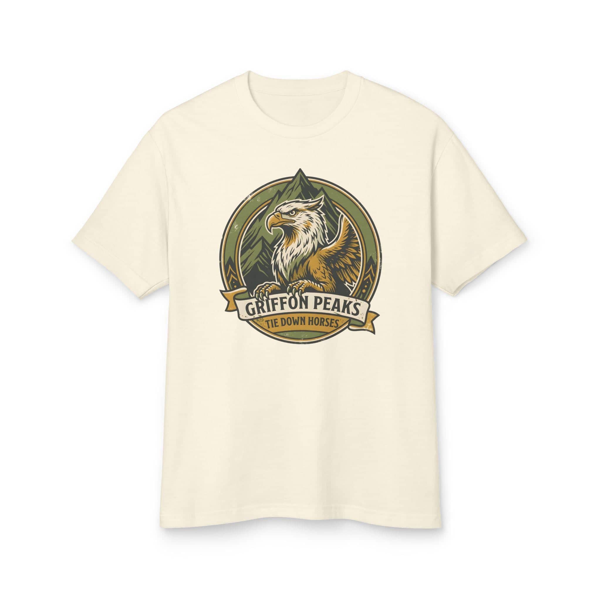 Vintage national park parody tee featuring a noble mountain griffon alongside a deadpan ranger warning for traveling adventurers to keep their prized mounts secured, front view