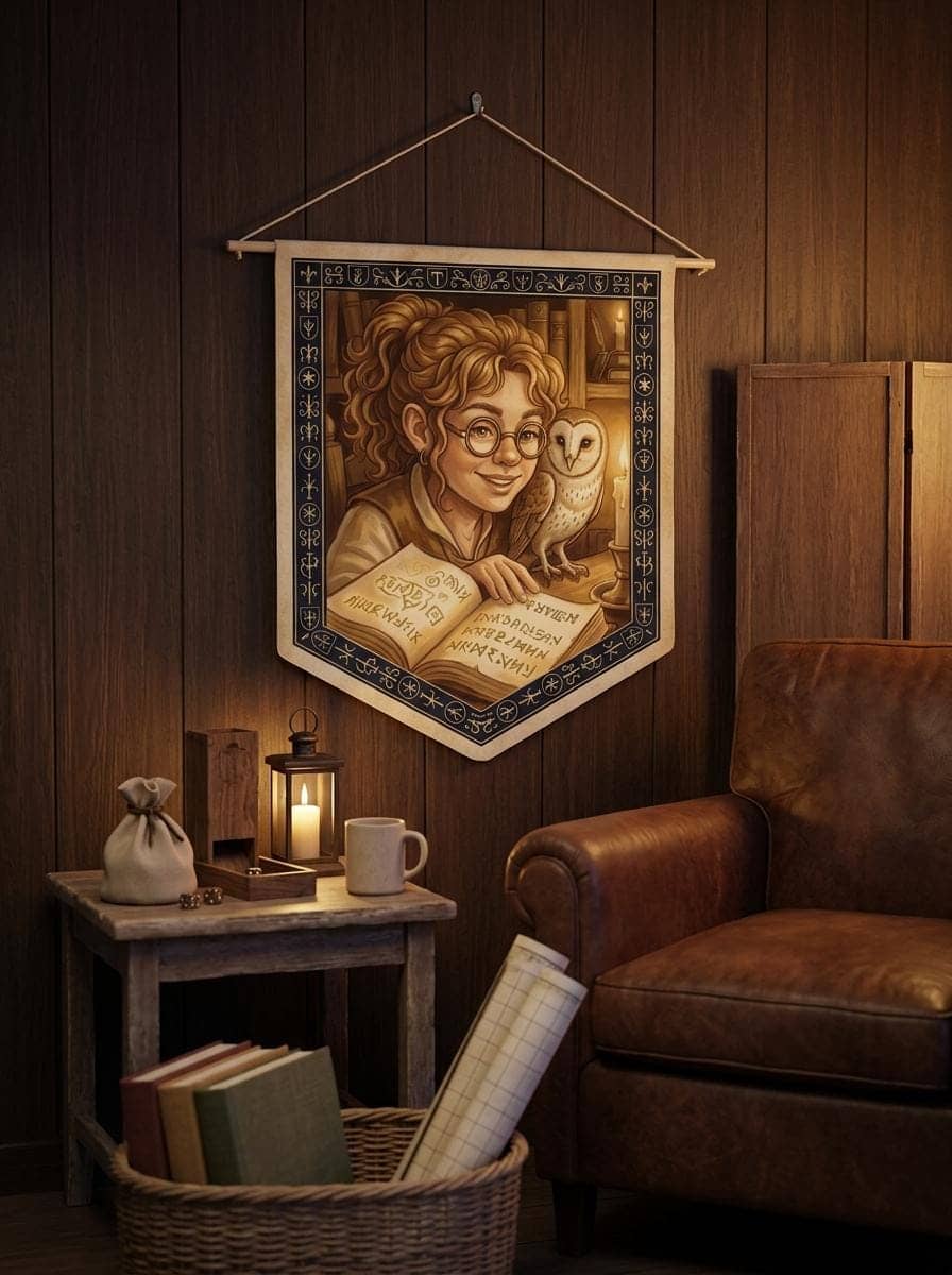 A cozy canvas pennant celebrating the bond between a halfling wizard and her feathered familiar, shown in a cosy den corner
