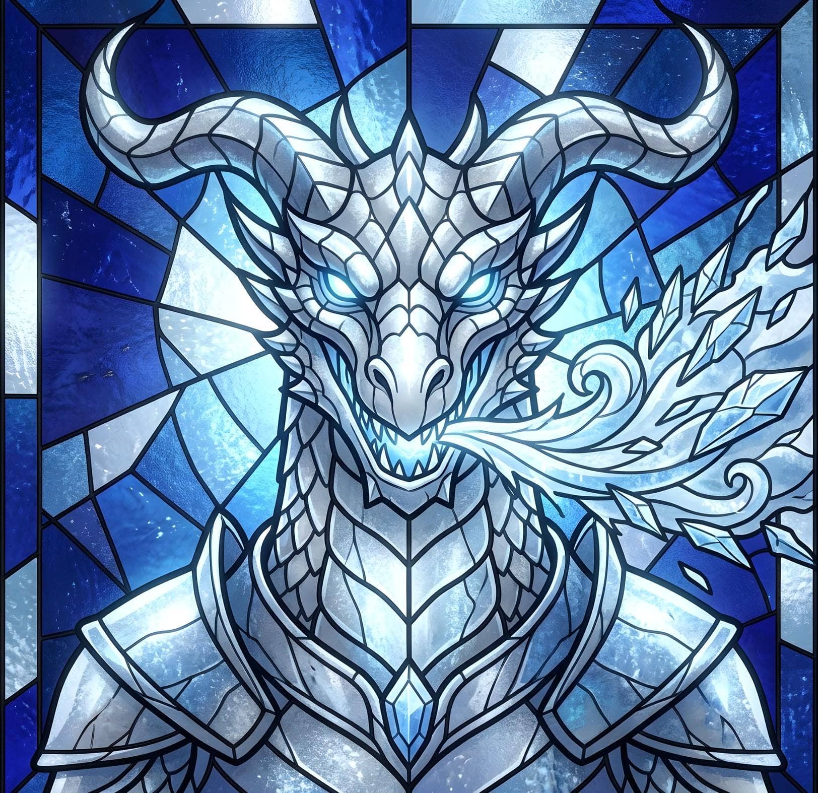 A vibrant stained-glass style circular ceramic holiday ornament featuring a silver dragonborn breathing crystalline frost, the complete printed design shown flat, the artwork