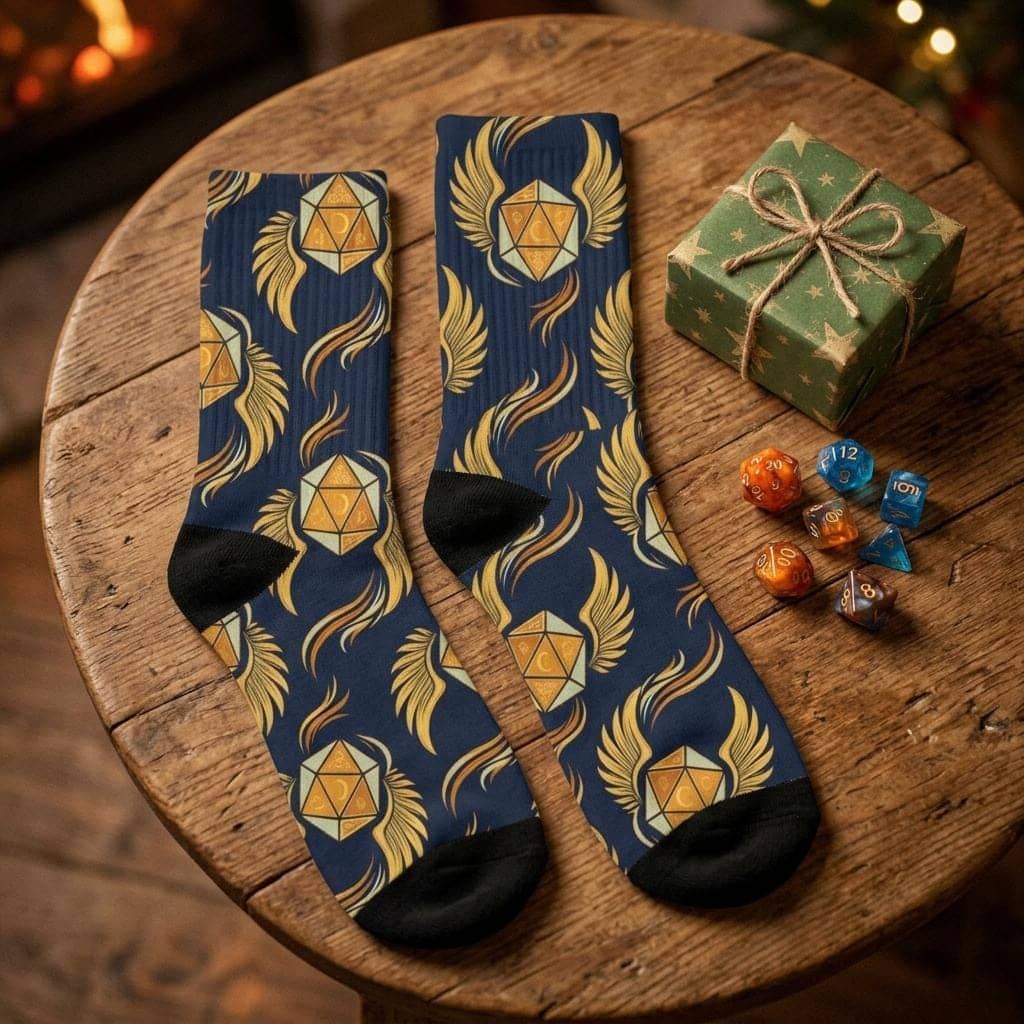 Turn every tabletop session into an action surge with crew socks designed to make the wearer's feet look like the legendary Boots of Speed, shown as a gift