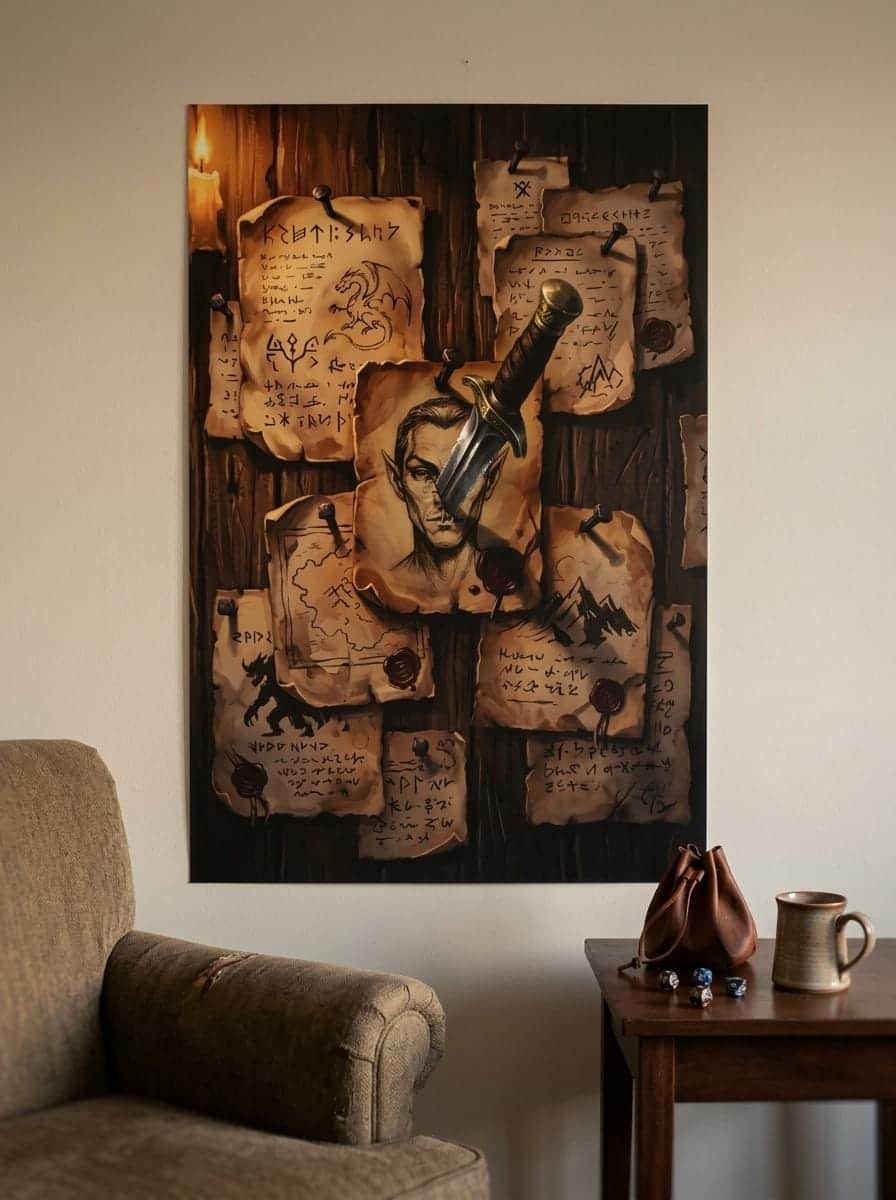 Transforms any room into a life-sized adventurer's tavern bulletin board pinned with scorched quest contracts, crimson wax seals, and an embedded iron dagger, printed on a poster