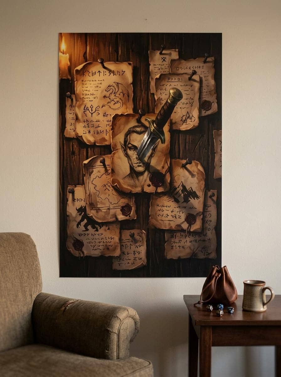 Transforms any room into a life-sized adventurer's tavern bulletin board pinned with scorched quest contracts, crimson wax seals, and an embedded iron dagger, printed on a poster