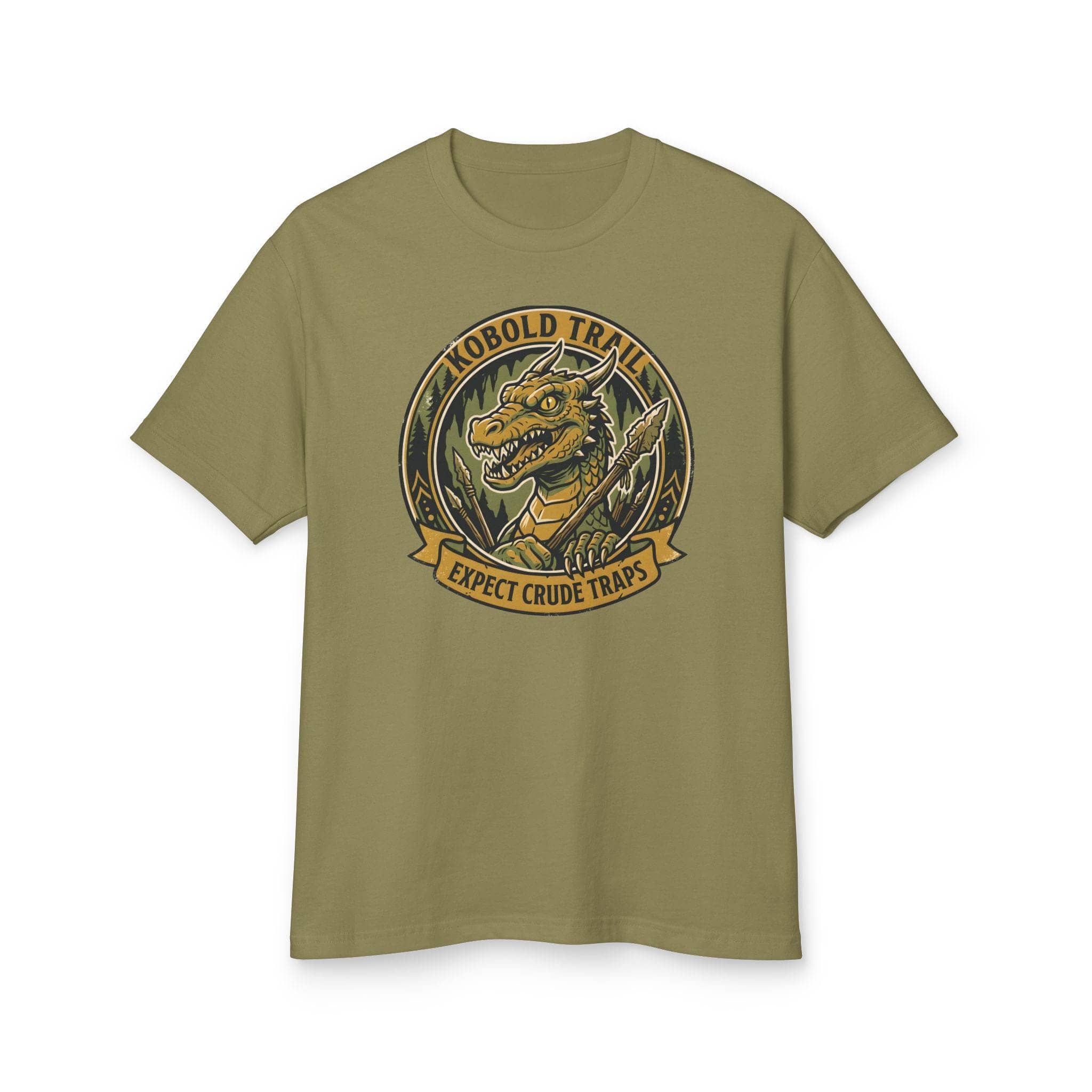 Deadpan national park style graphic tee warning tabletop adventurers to watch their step for crude traps along the kobold trail, front view