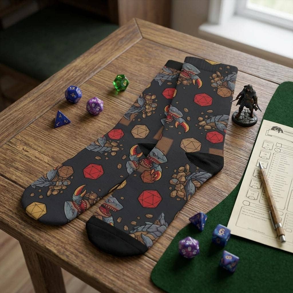 Humorous, combat-ready TTRPG crew socks featuring the notorious 'landshark' monster ambushing d20 dice in a seamless pattern, shown folded on the table