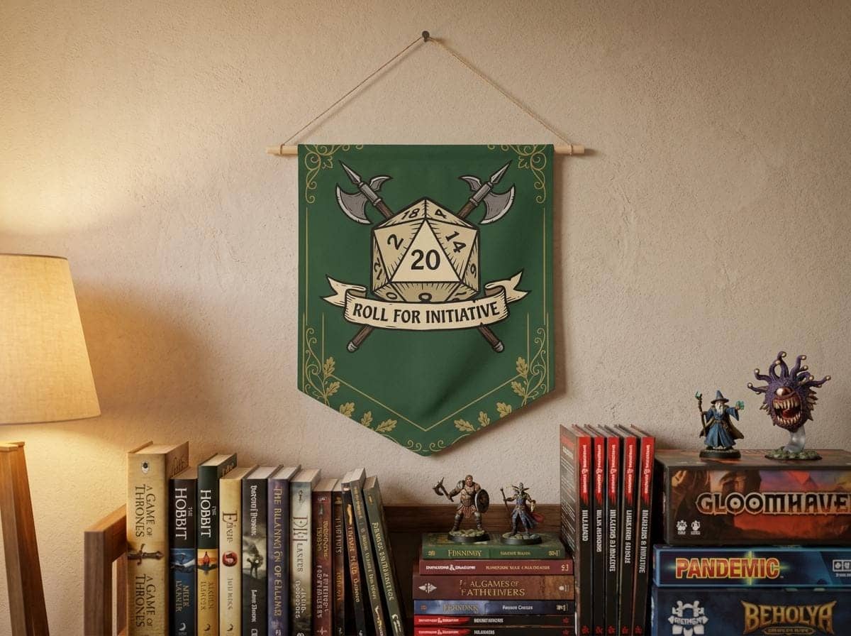 An authentic tavern-inspired heraldic battle cry banner designed to mark game room territory, solving the search for high-impact Dungeon Master appreciation and game night housewarming gifts, shown on the wall above a bookshelf