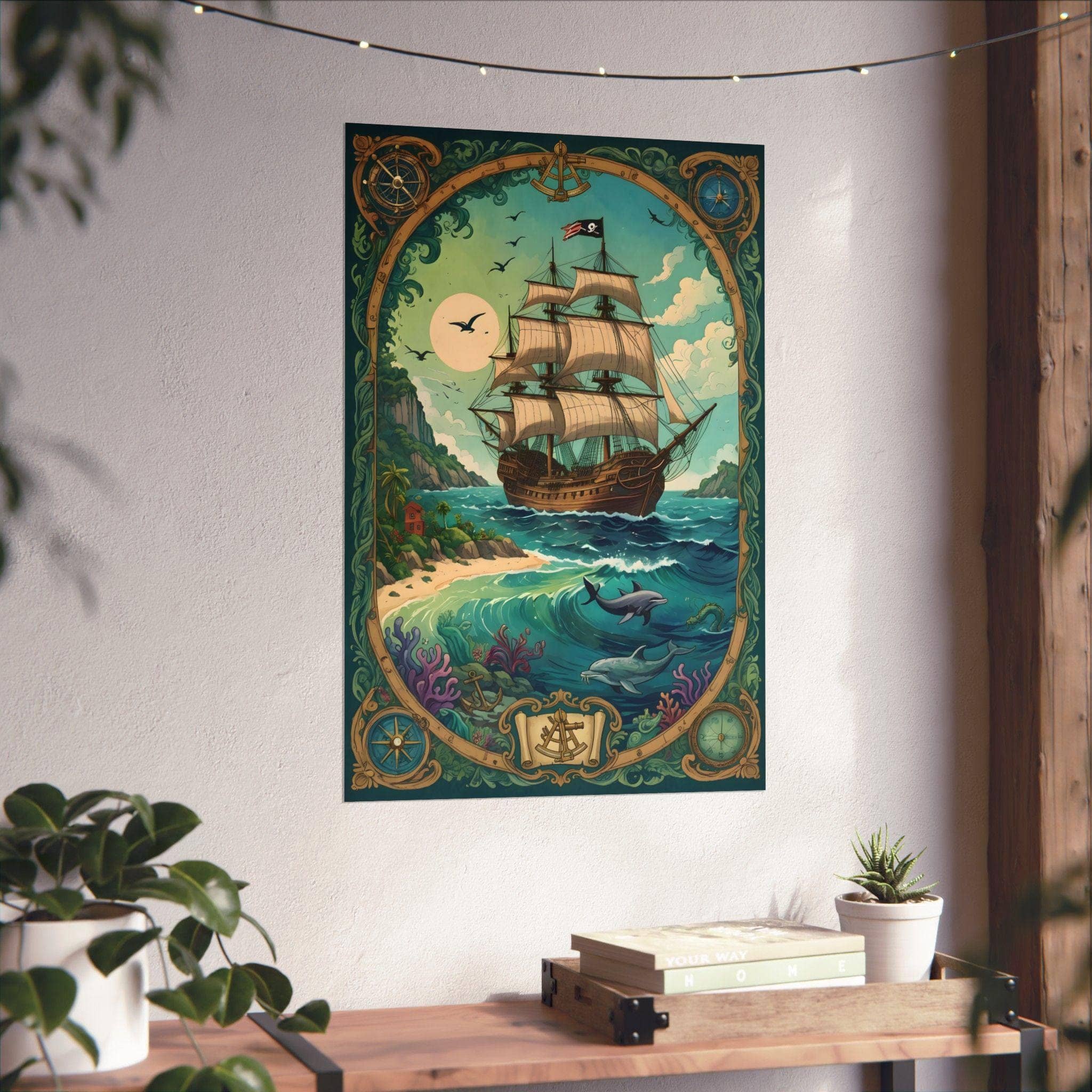 Vibrant pirate-themed artwork on a matte vertical poster, in a room setting