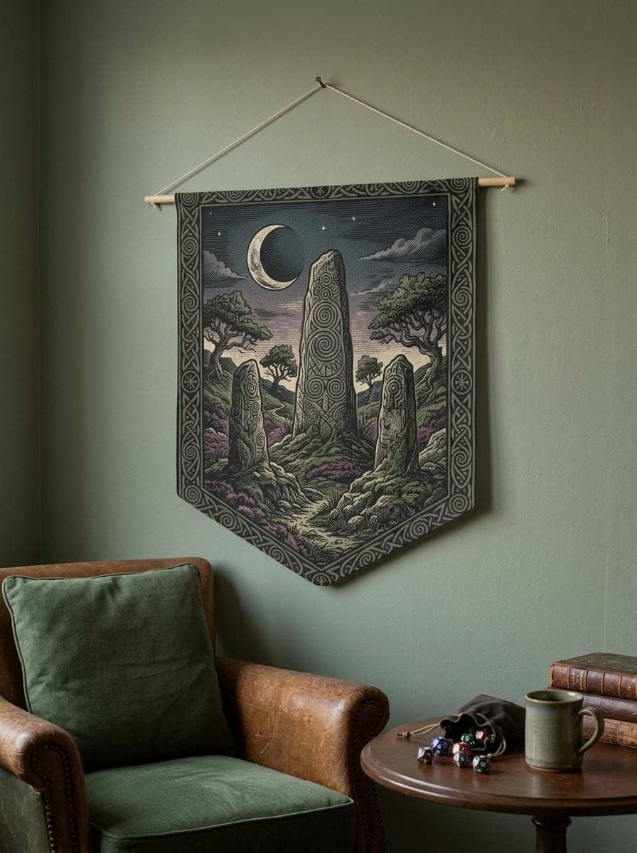 Vintage woodcut-style felt wall banner featuring an ancient runic monolith henge under a crescent moon, shown in a cosy den corner