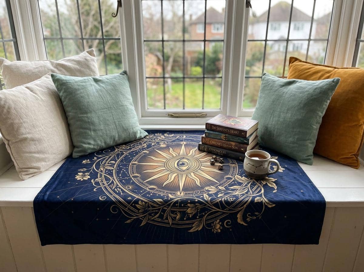 An atmospheric session throw designed to celebrate the party's unsung healer, featuring an intricate celestial divine emblem that transforms gaming nights into a cozy dark academia haven, shown in a reading nook