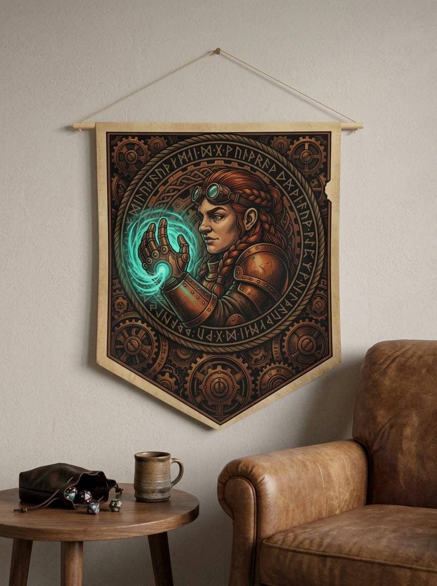 Vintage heraldic dwarf artificer pennant flag designed to elevate RPG campaign corners and gaming battle stations with authentic magical engineering heraldry, shown in a cosy den corner