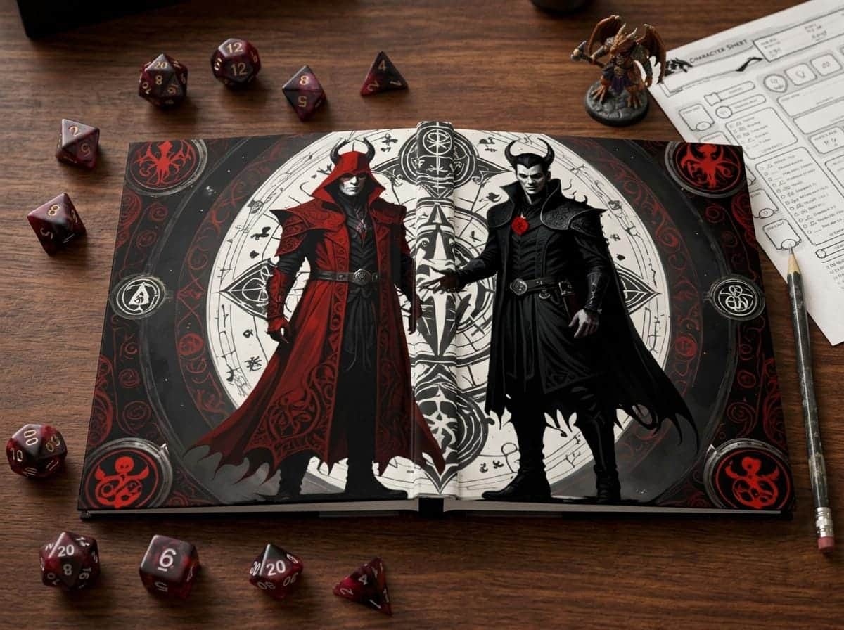 Document your fiendish pacts and dark magic in this exclusive, gothic journal, shown on the game table among dice and character sheets