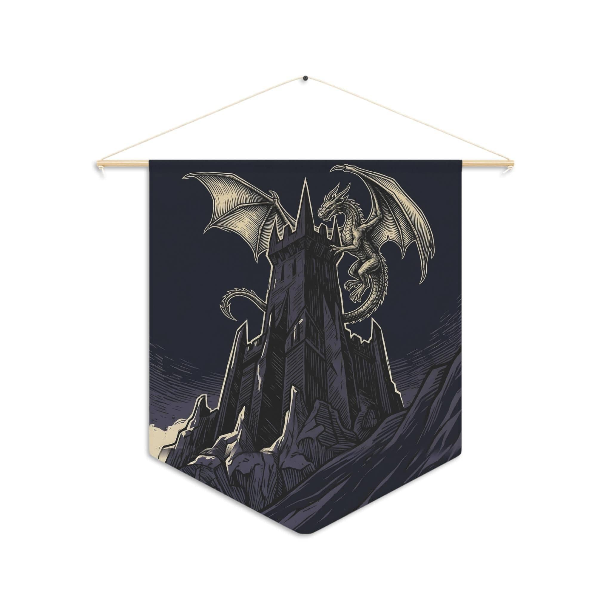 Triangular gothic wall banner featuring a towering obsidian fortress framed by celestial heraldry, front view