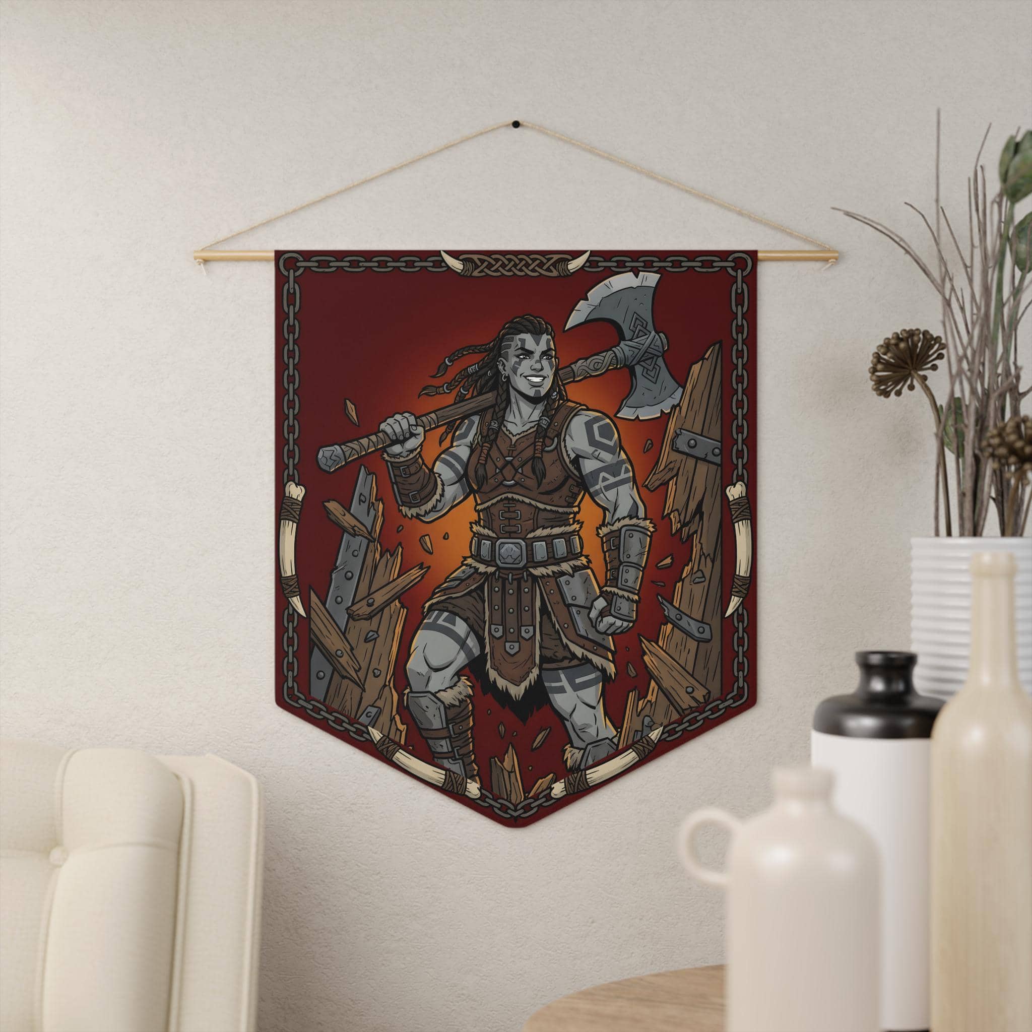 Bold, humorous game room wall pennant celebrating the iconic brute-force moment when the barbarian kicks the dungeon door off its hinges instead of picking the lock, in a room setting