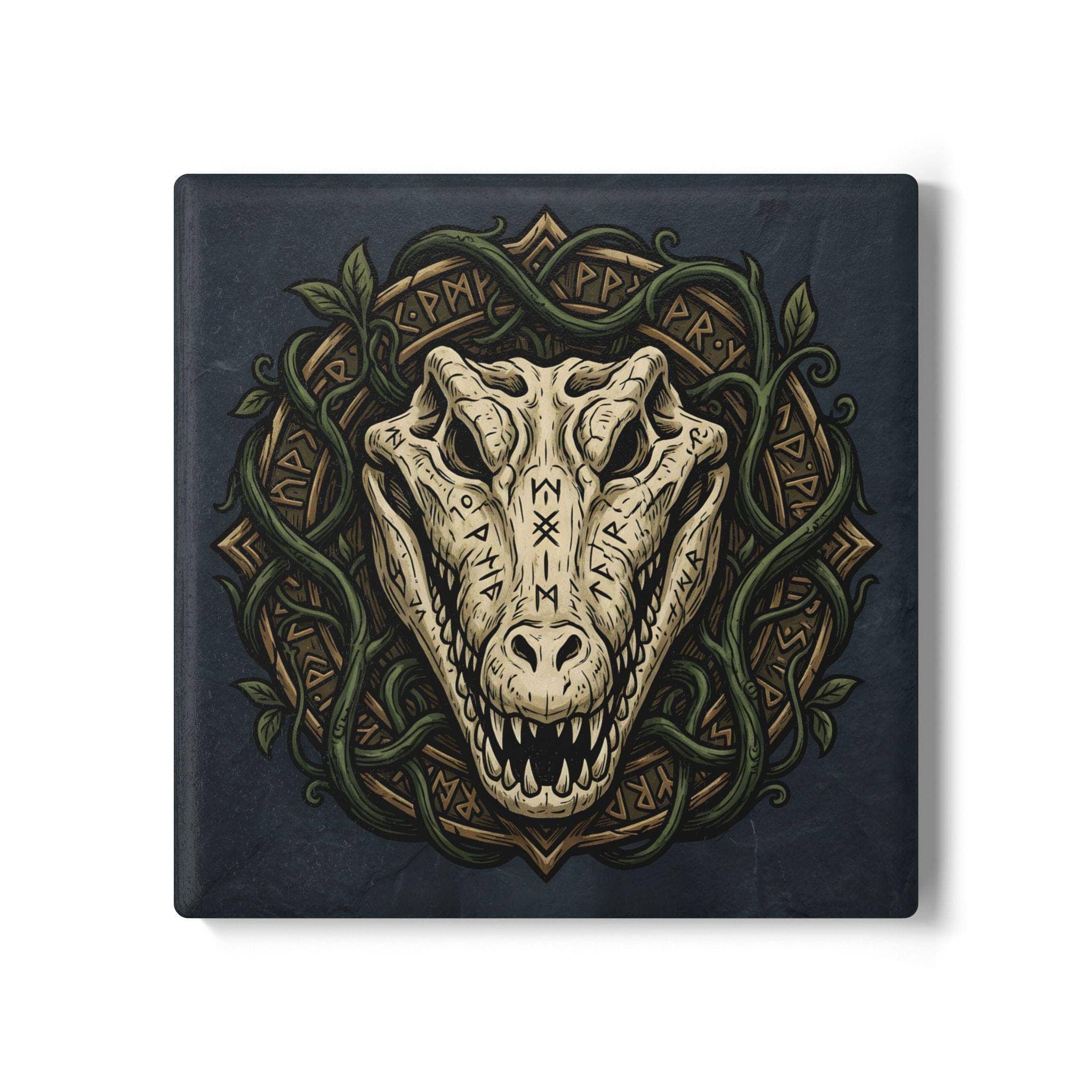 Protect tabletop surfaces during intense gaming sessions with drink coasters rendered as an ancient carved reptile-bone shaman relic, front view