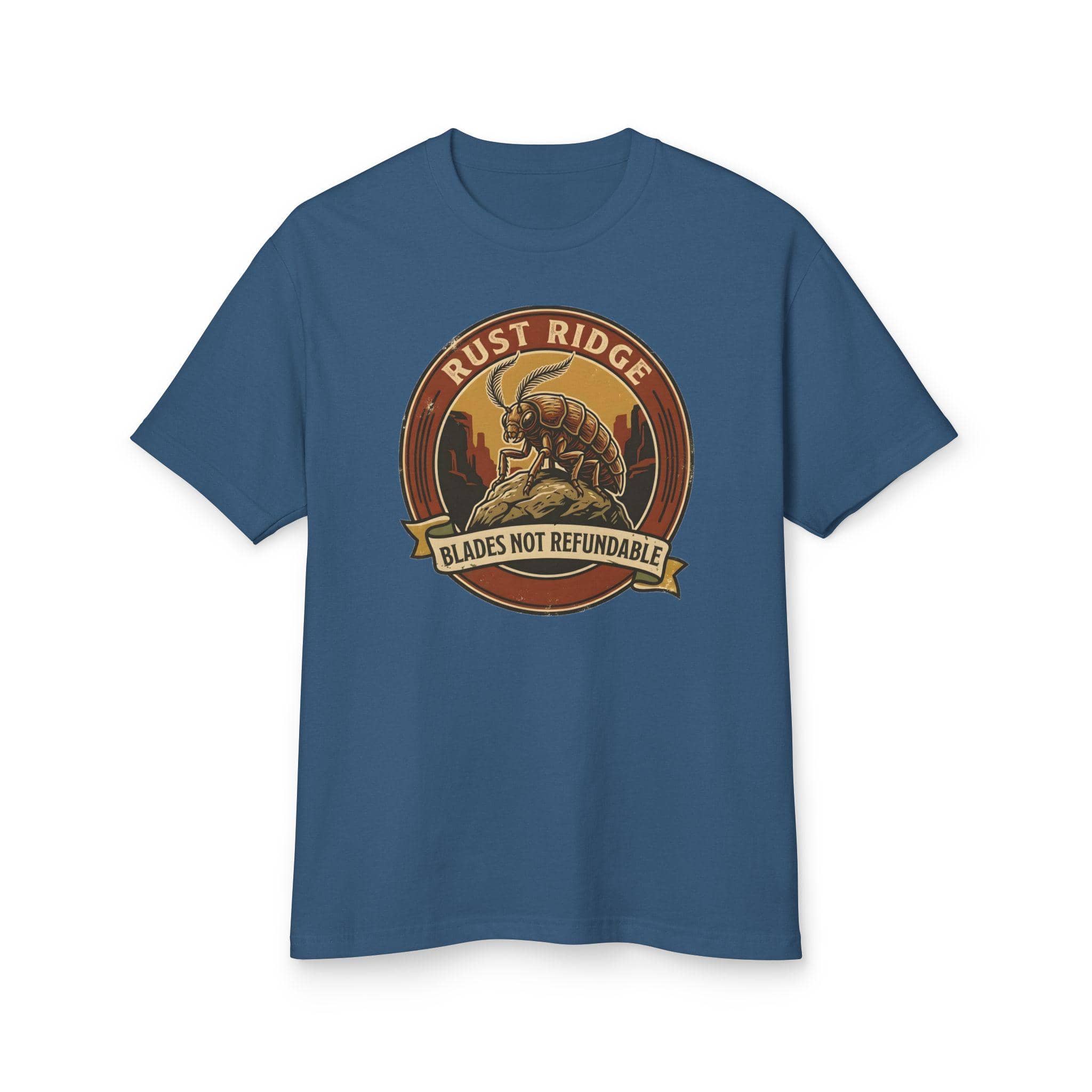 Vintage national park souvenir graphic tee featuring tabletop gaming's notorious metal-eating armored insectoid paired with a deadpan park ranger weapon warning for dungeon crawlers and roleplaying gamers, front view