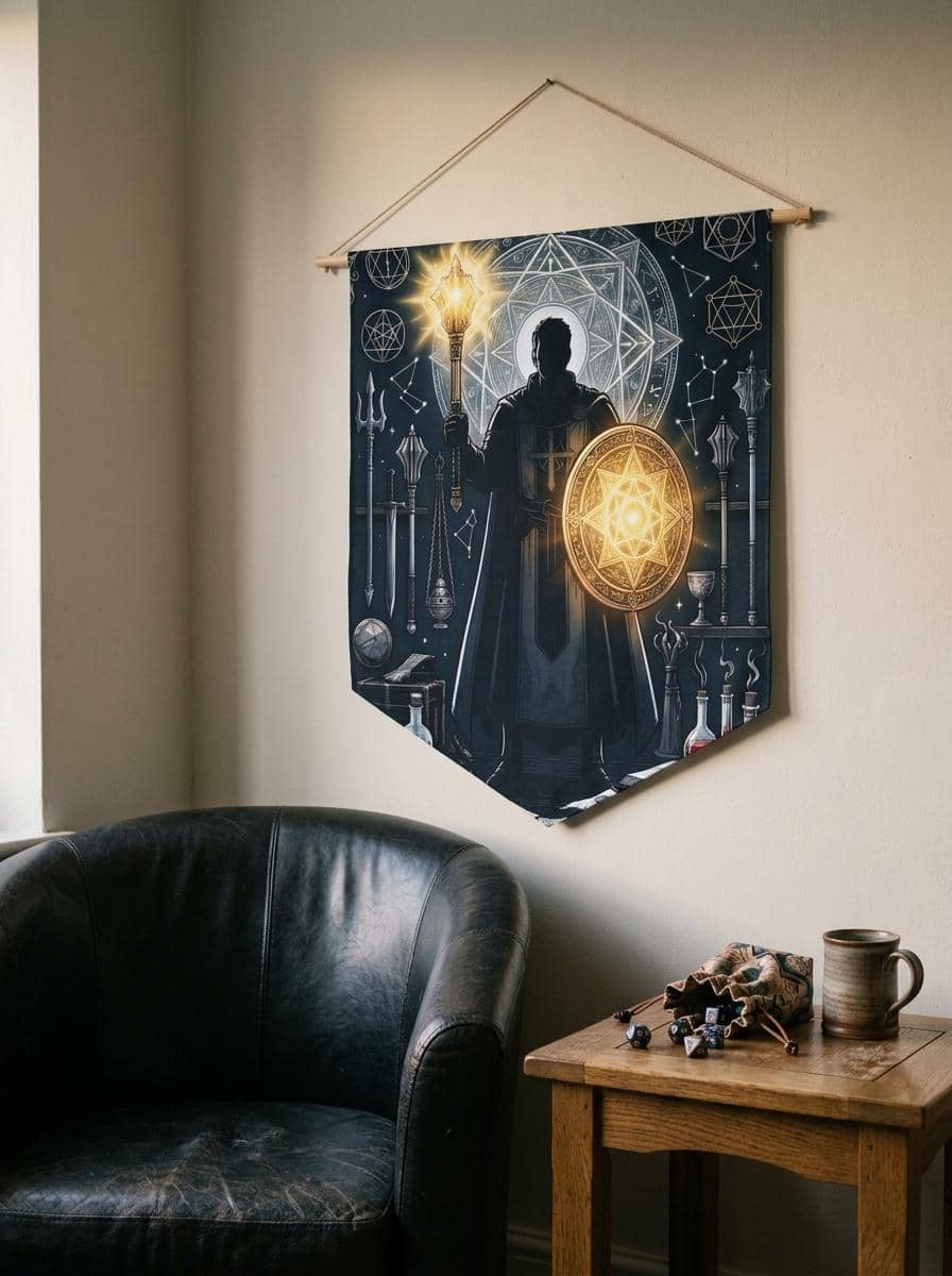 Radiant male human cleric illustration framed by a glowing divine mandala and holy relics, printed on a pennant, shown in a cosy den corner