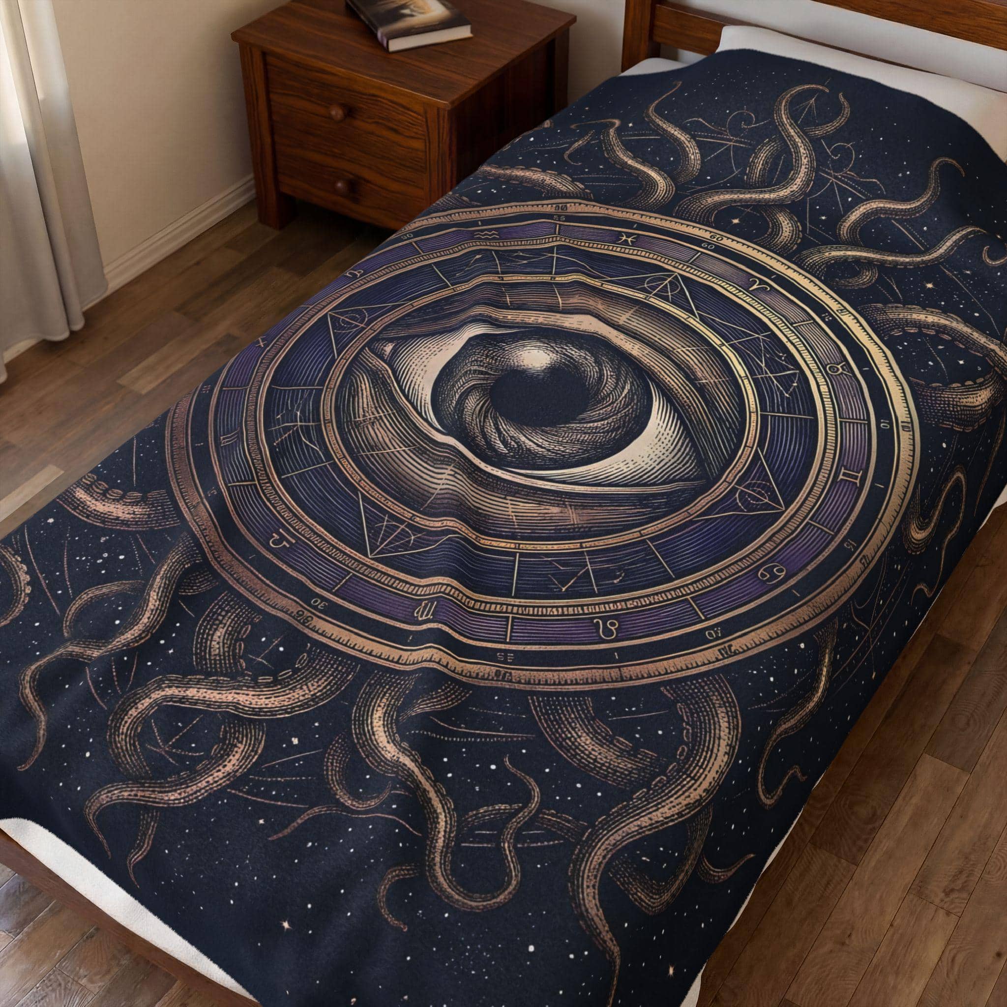 An atmospheric, oversized gaming throw blanket featuring an intricate cosmic horror warlock patron seal that upgrades game rooms and fall campaign nights, in a room setting