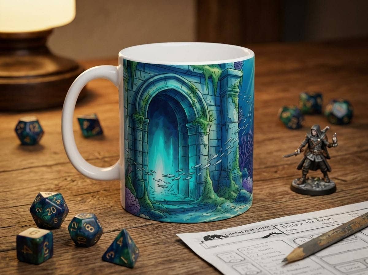 An atmospheric ceramic coffee mug featuring an immersive submerged fantasy ruin, shown on the game table among dice and character sheets
