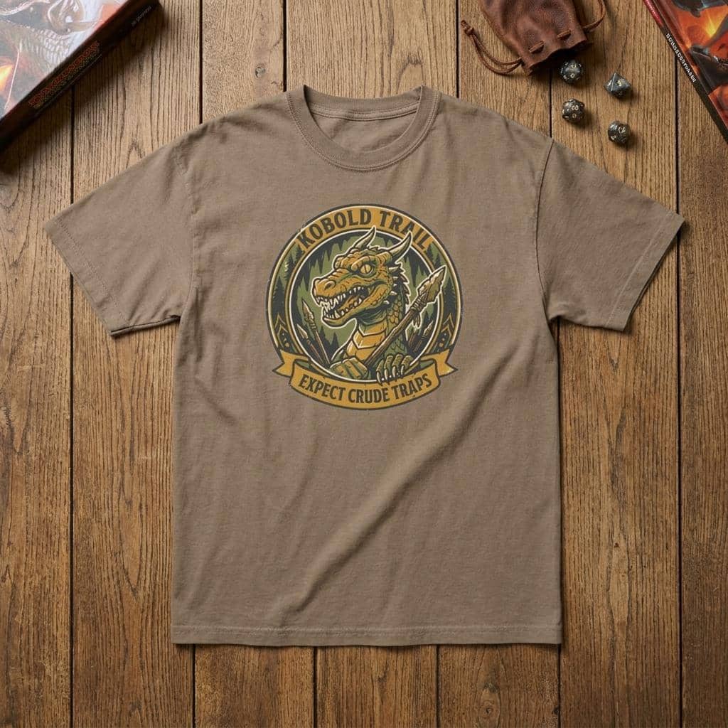 Deadpan national park style graphic tee warning tabletop adventurers to watch their step for crude traps along the kobold trail, shown laid flat among dice