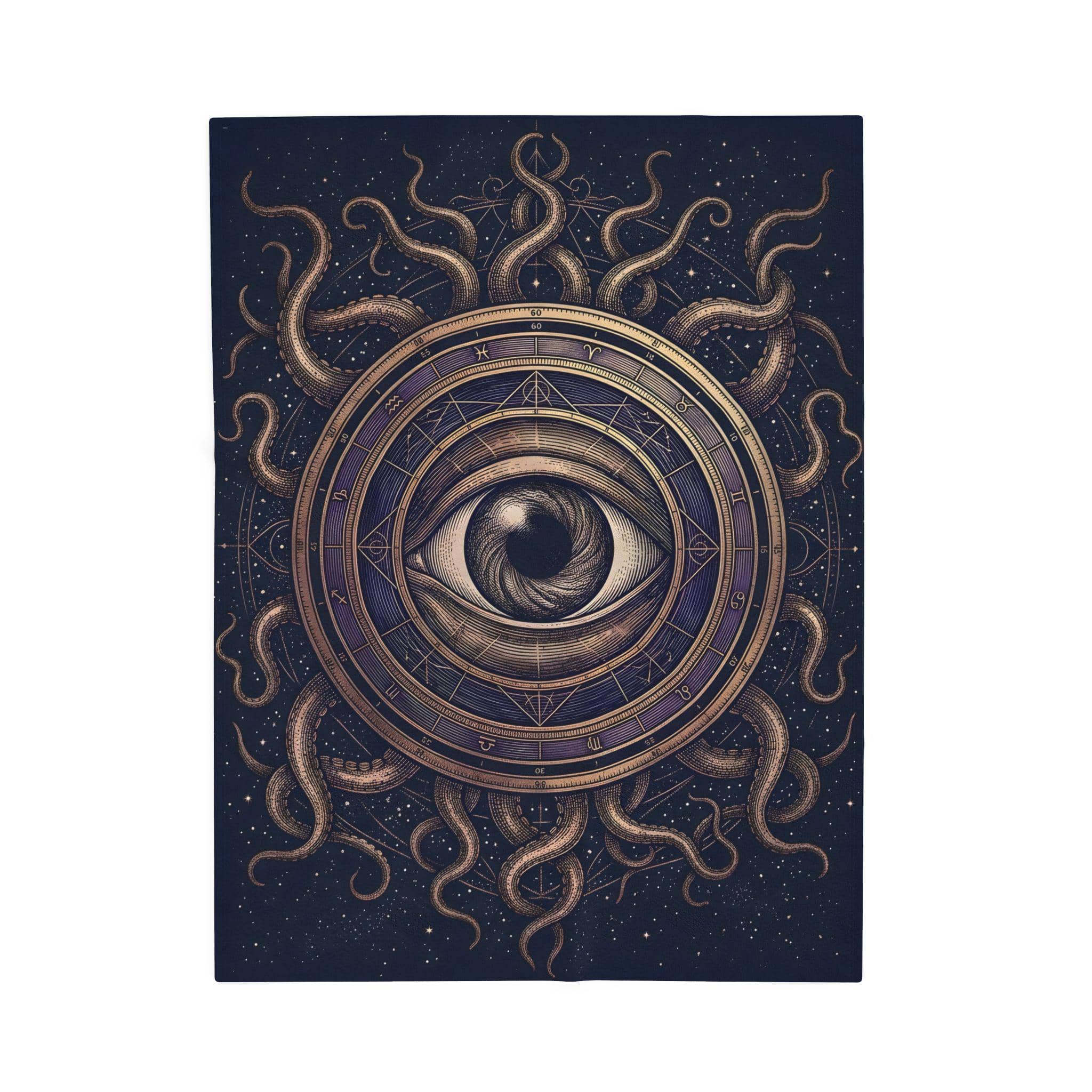 An atmospheric, oversized gaming throw blanket featuring an intricate cosmic horror warlock patron seal that upgrades game rooms and fall campaign nights, front view