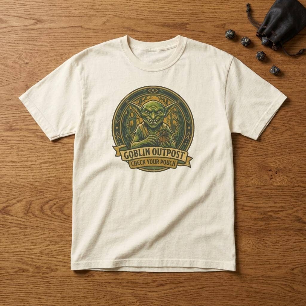 Deadpan national park style graphic tee warning tabletop adventurers to guard their coin pouches from grinning goblin scavengers, shown laid flat among dice