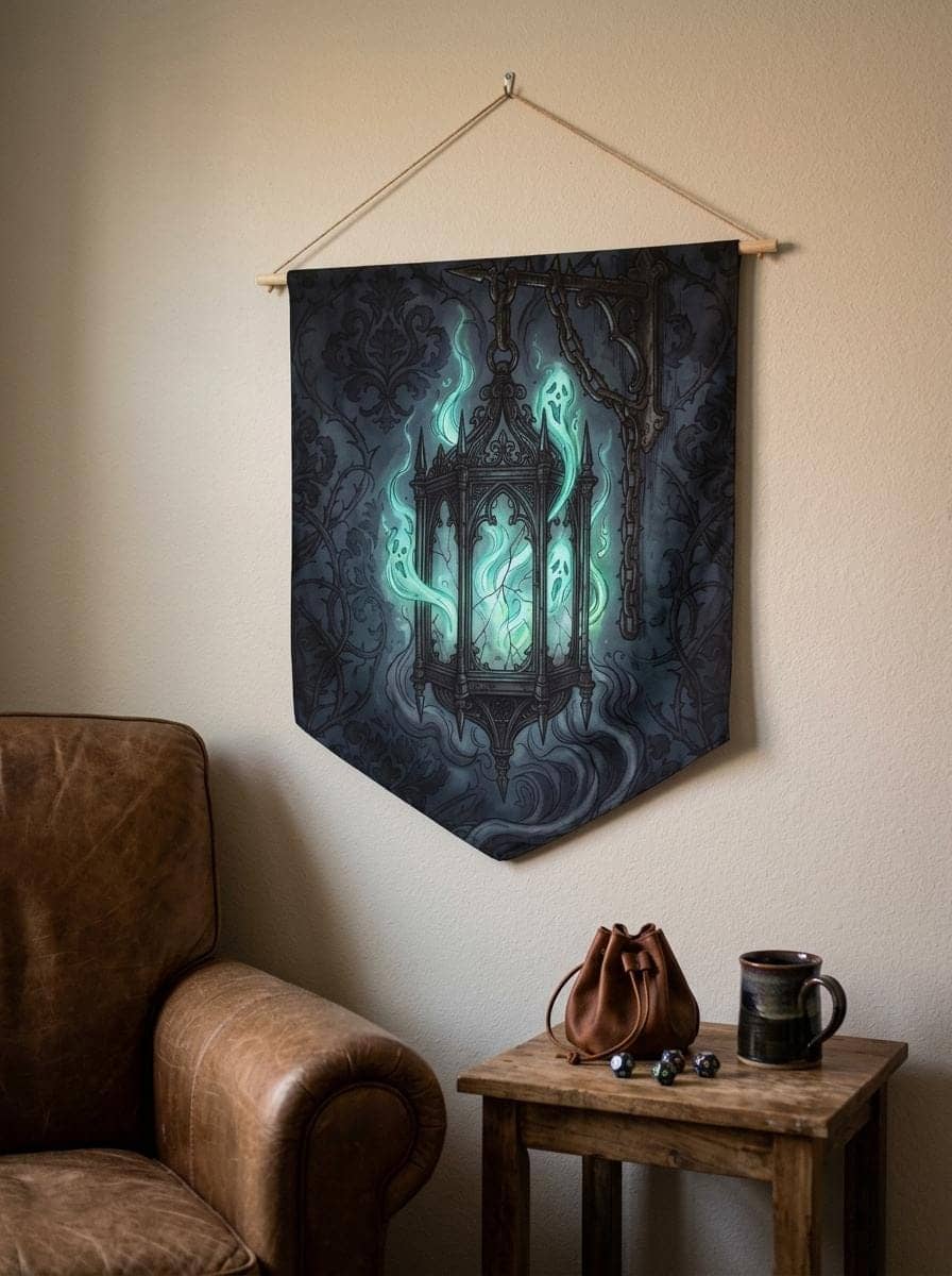 A dark fantasy gothic wall pennant showcasing a glowing spirit cage lantern, crafted as a moody Halloween game room centerpiece and campaign table backdrop, shown in a cosy den corner