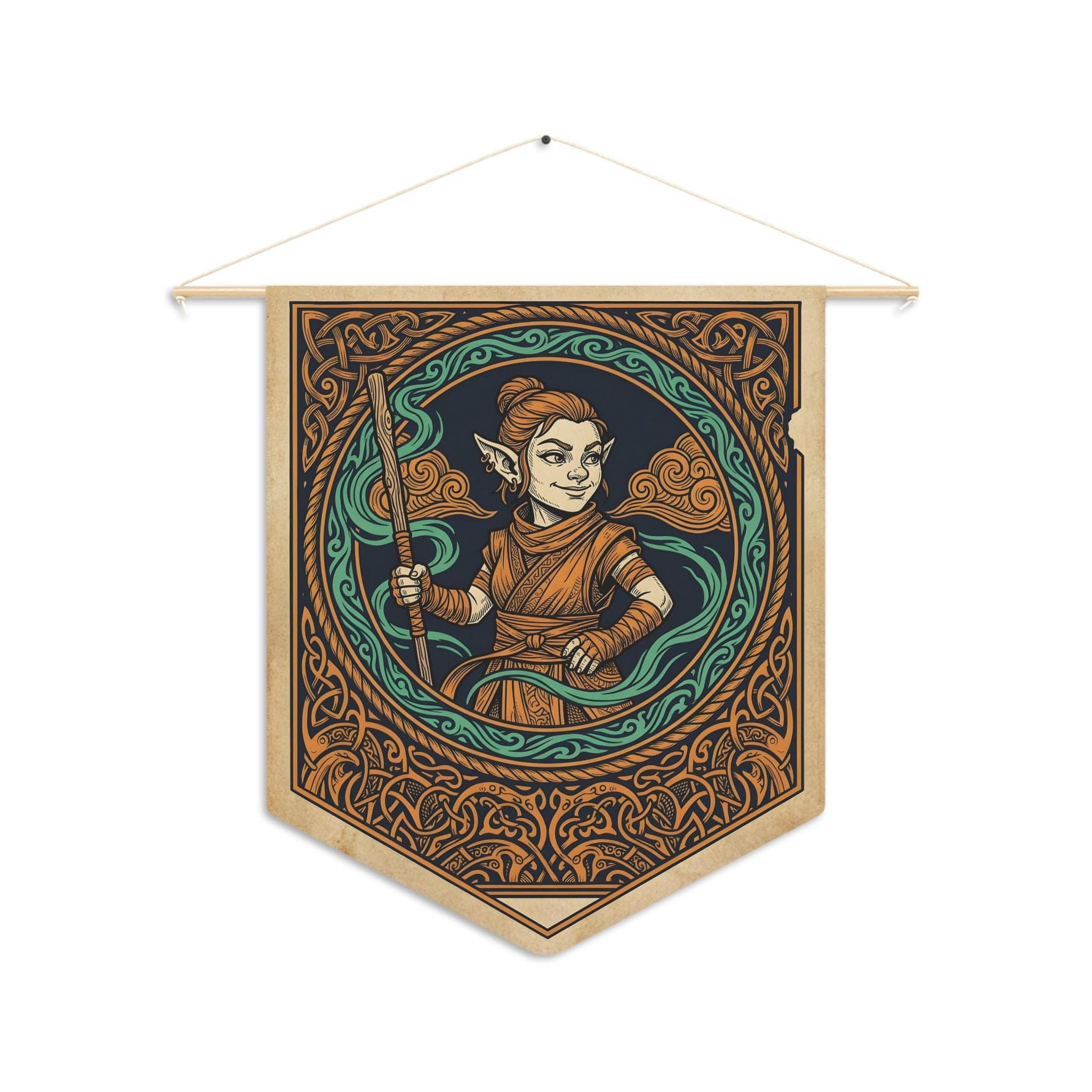 Vintage heraldic gnome monk pennant flag designed to elevate RPG campaign corners and gaming battle stations with authentic medieval heraldry and serene martial ki, front view