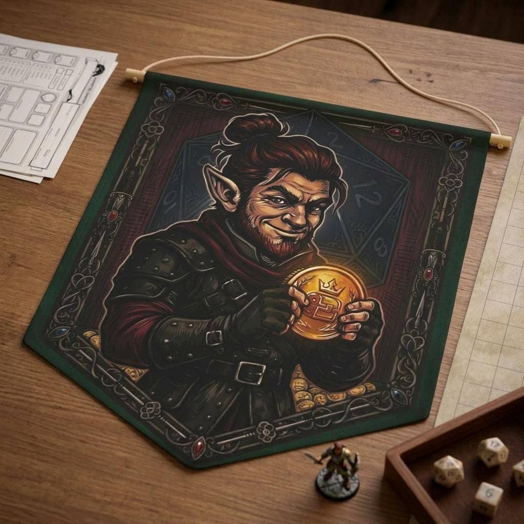 A bold screenprint-style canvas banner celebrating a critical Sleight of Hand roll, featuring a roguish gnome with his stolen prize to elevate a gaming room or pin collection corner, shown on the game table among dice and character