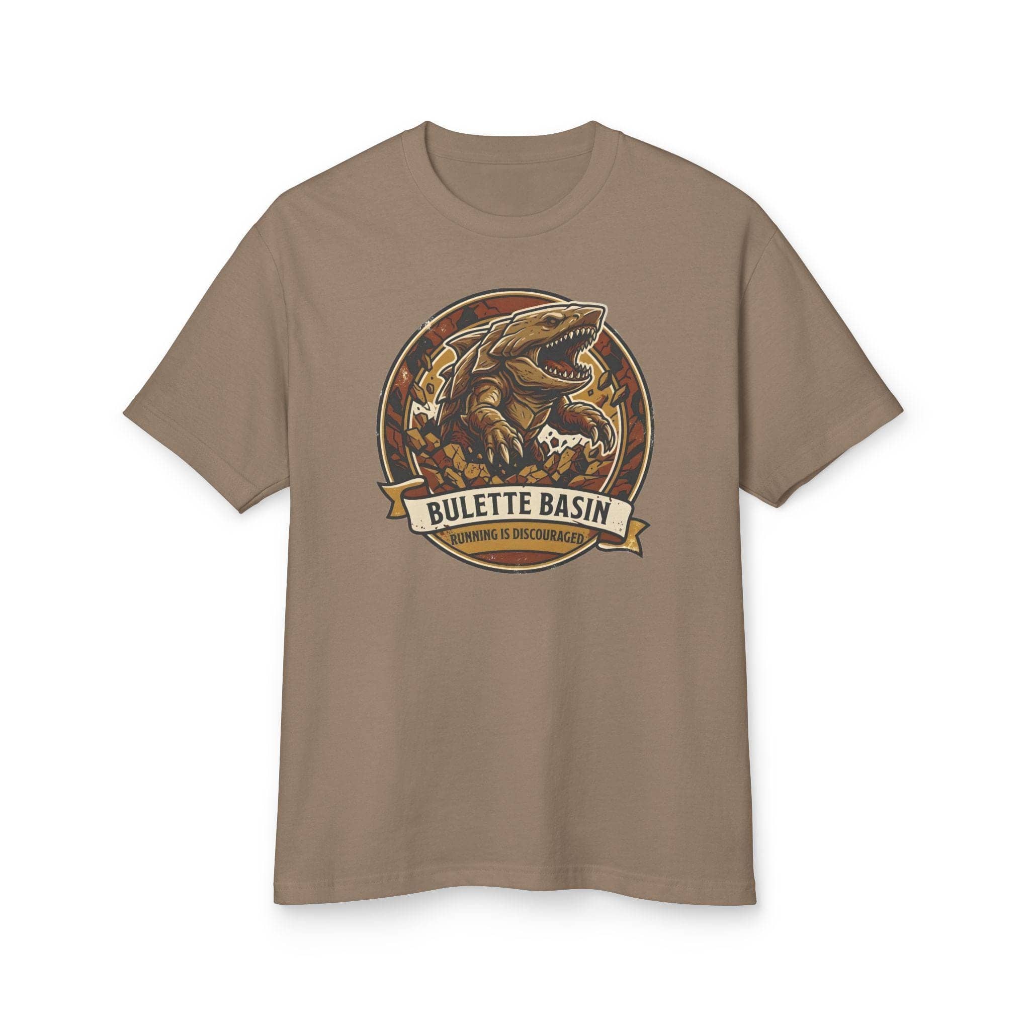 Vintage national park souvenir graphic tee featuring tabletop gaming's armored landshark burrower, paired with deadpan trail advice warning adventurers that running only draws its tremorsense, front view