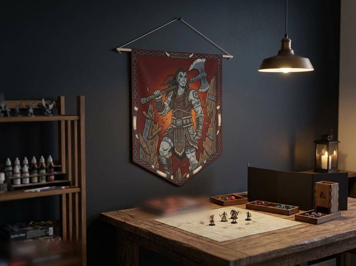 Bold, humorous game room wall pennant celebrating the iconic brute-force moment when the barbarian kicks the dungeon door off its hinges instead of picking the lock, shown on a game room wall
