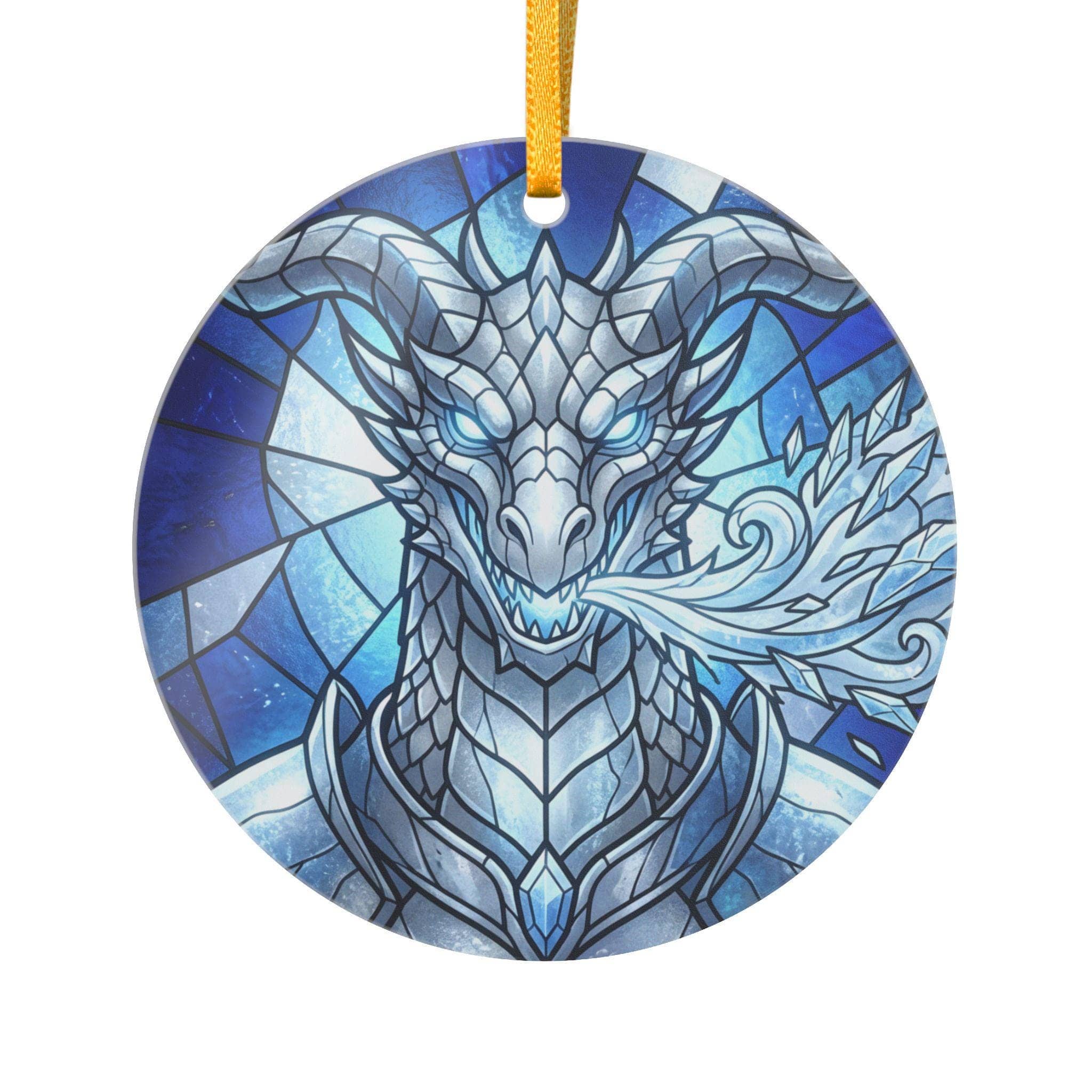 A vibrant stained-glass style circular ceramic holiday ornament featuring a silver dragonborn breathing crystalline frost, front view