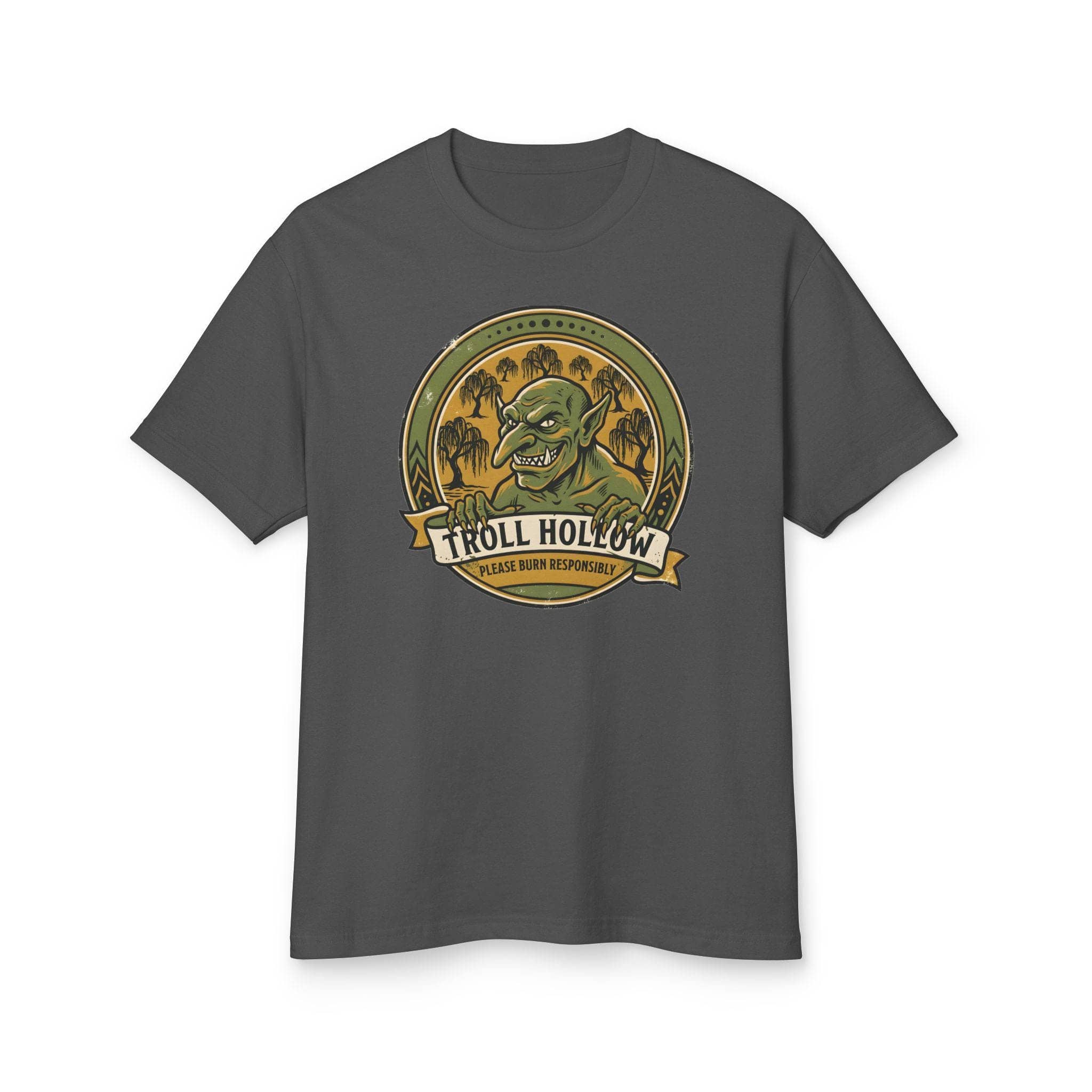 Vintage national park parody tee featuring a gangly swamp troll alongside a deadpan 'Please Burn Responsibly' fire warning for tabletop adventurers exploring monster-infested wetlands, front view