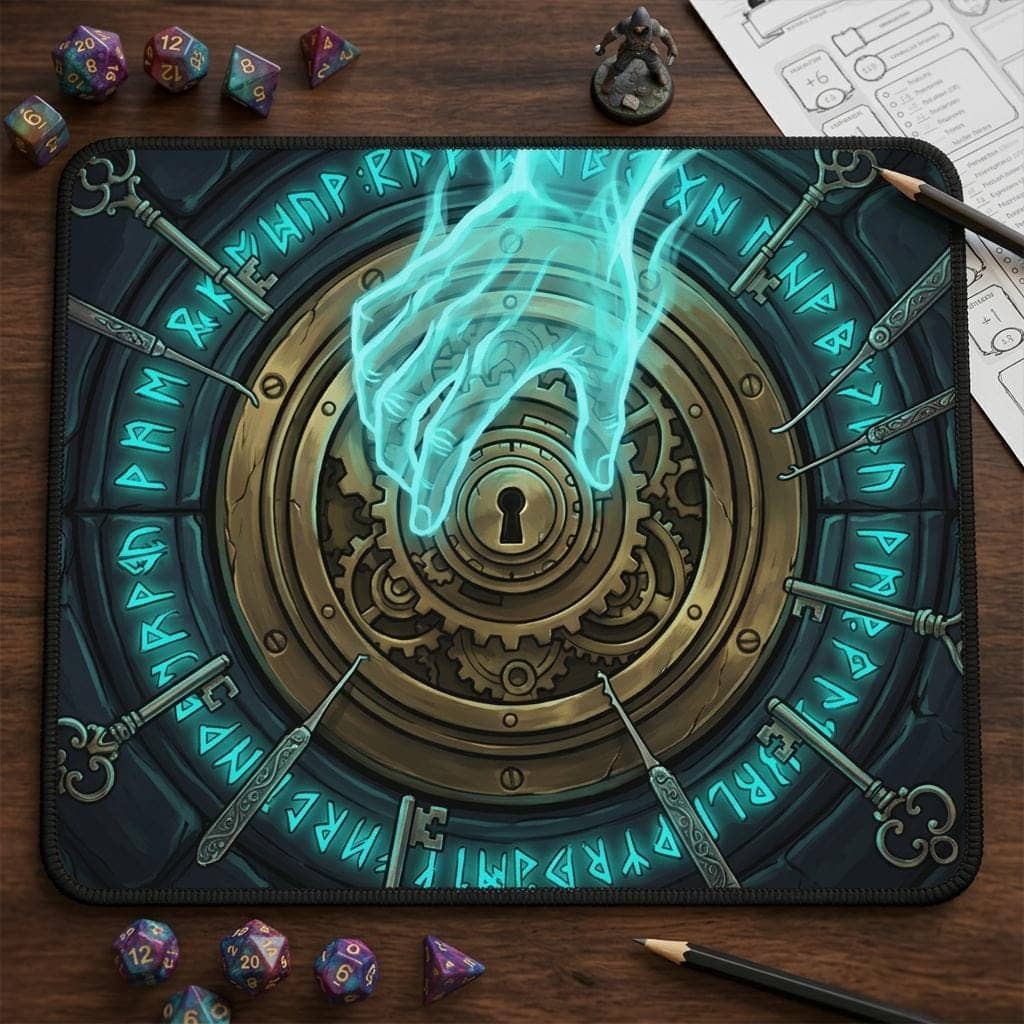 Ultra-wide gaming desk pad transforming your desk into a thief's arcane heist scene, featuring a luminous mage hand bypassing an ornate vault mechanism to captivate TTRPG rogue players and tabletop gamers, printed on a mouse pad