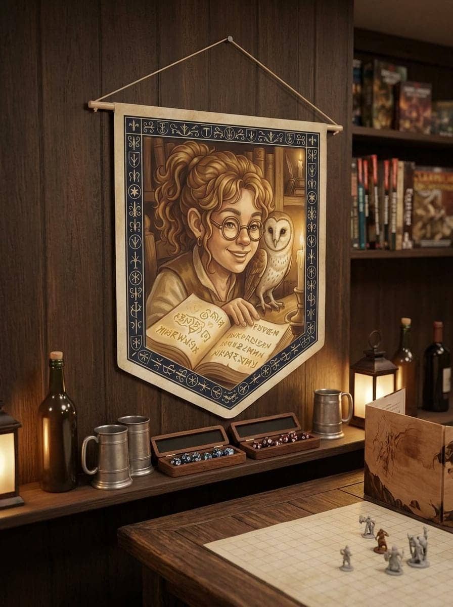 A cozy canvas pennant celebrating the bond between a halfling wizard and her feathered familiar, shown on a tavern wall