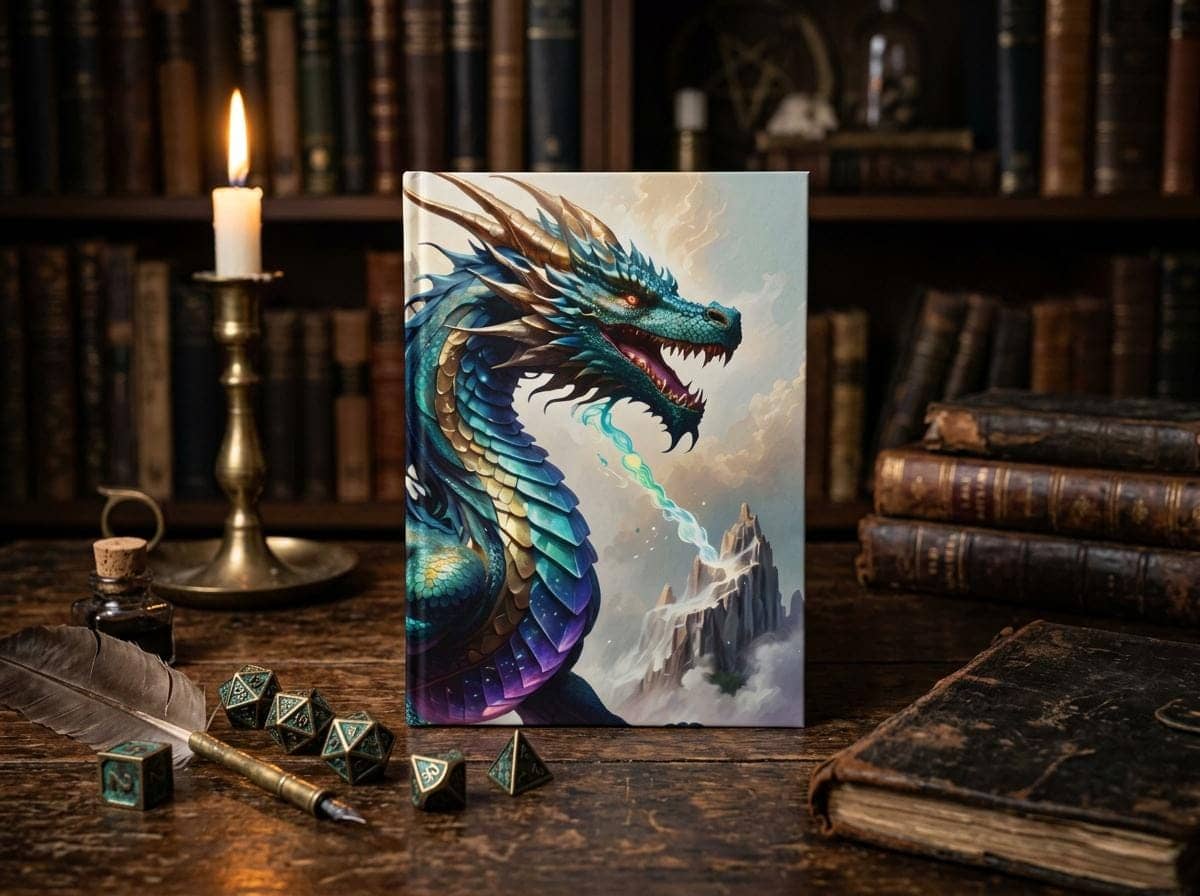 Perfect gift for the tabletop roleplaying enthusiast in your life, this unique canvas print combines fantasy and magic elements to create an immersive experience, printed on a journal, shown on a desk beside a quill and ink
