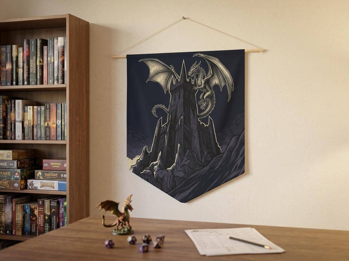 Triangular gothic wall banner featuring a towering obsidian fortress framed by celestial heraldry, shown on a game room wall