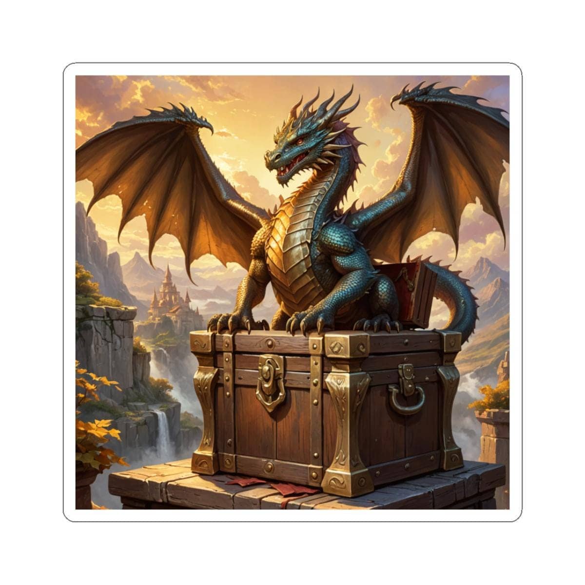 Epic fantasy sticker features a dragon perched atop a treasure chest, overlooking a castle and mountainous landscape with a waterfall