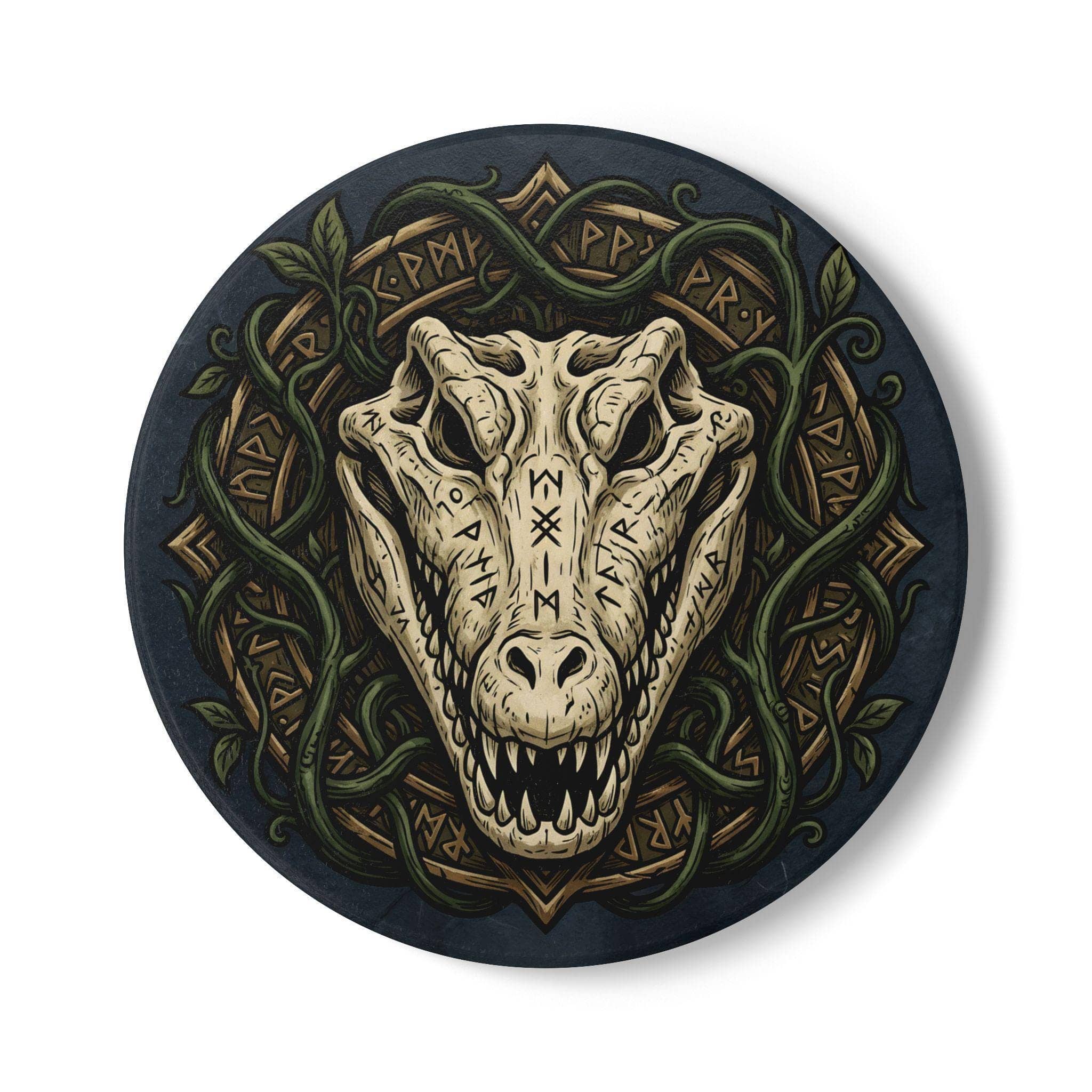 Protect tabletop surfaces during intense gaming sessions with drink coasters rendered as an ancient carved reptile-bone shaman relic, front view