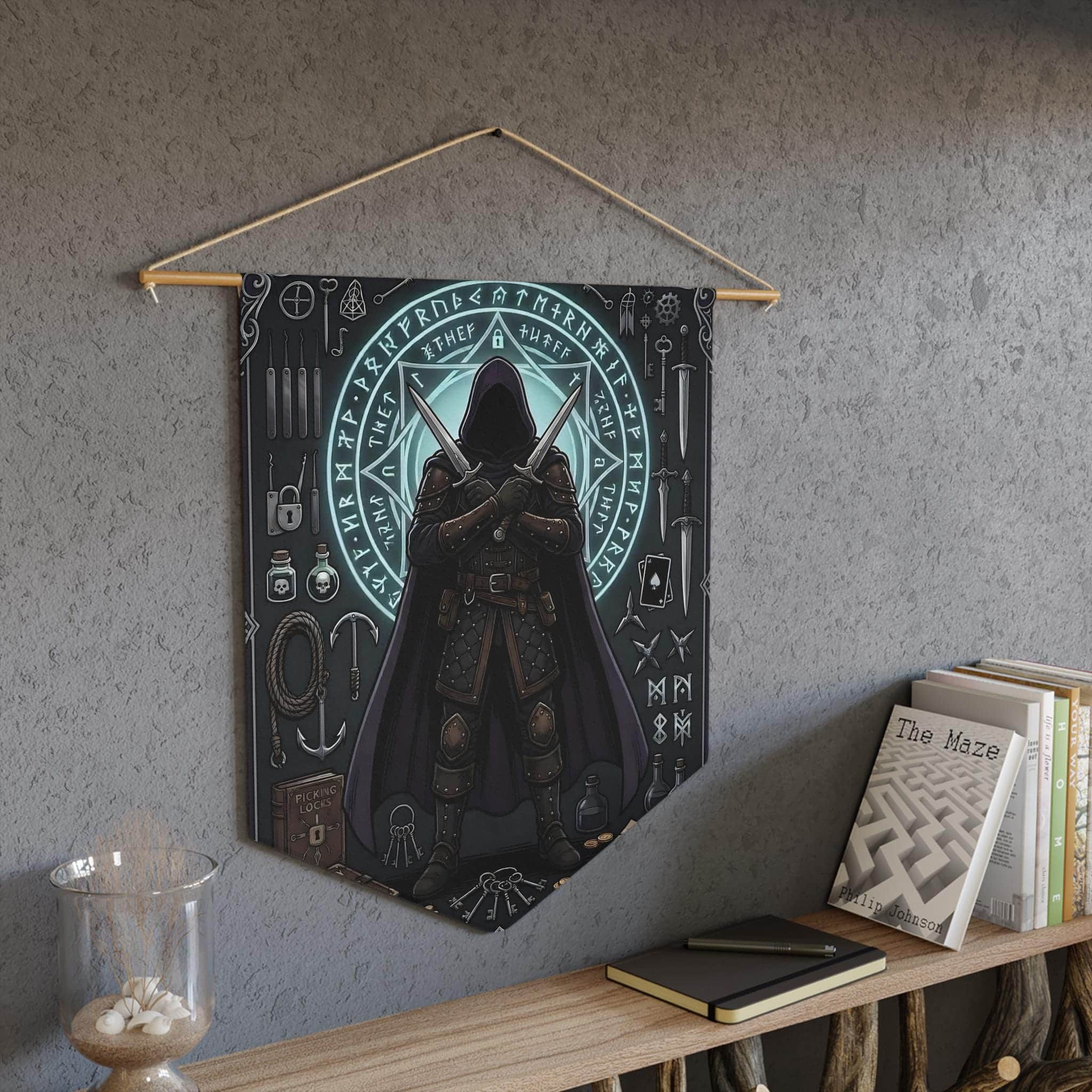 Cunning male human rogue illustration framed by shadowy arcane runes, twin daggers, and thieves' tools on a premium pennant, in a room setting