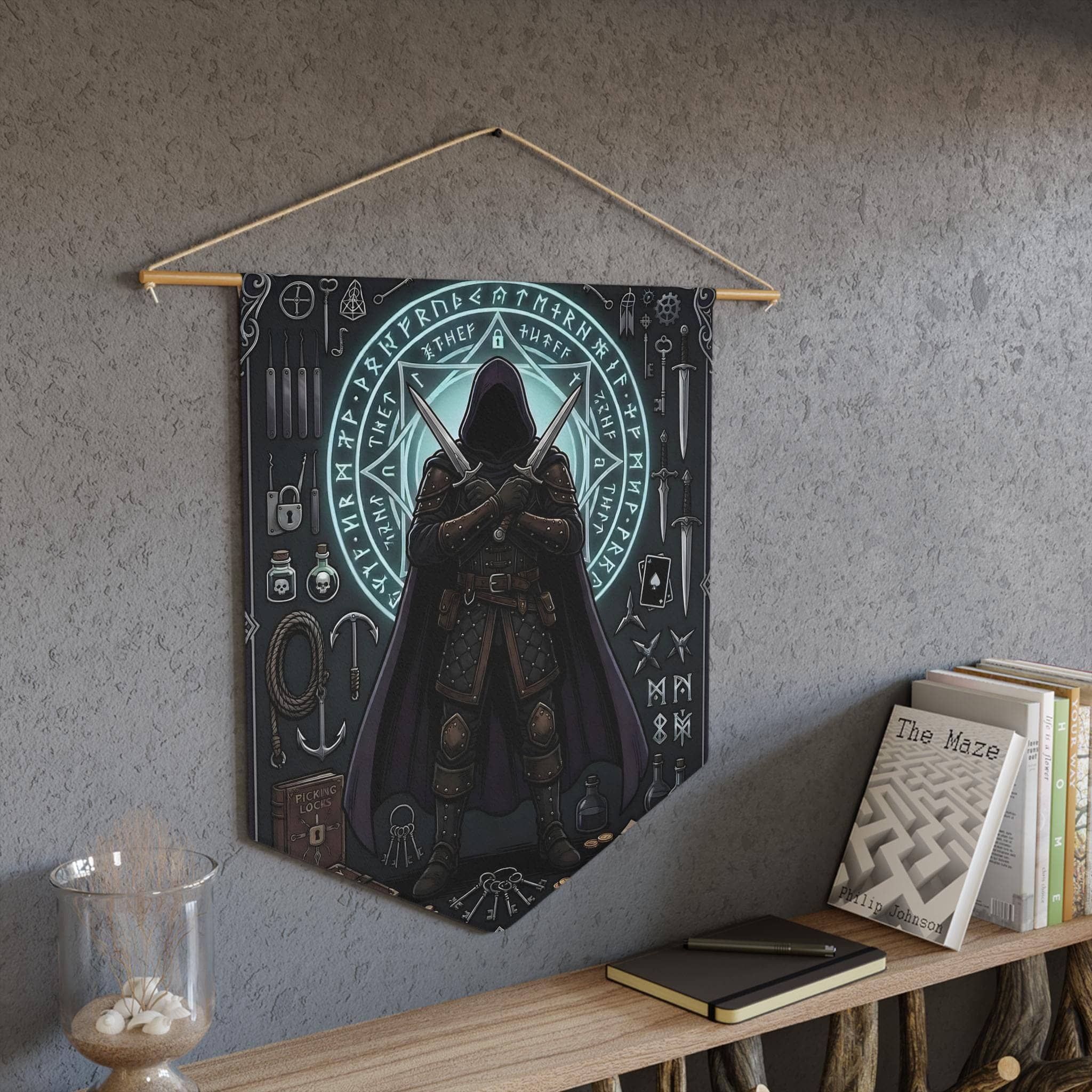 Cunning male human rogue illustration framed by shadowy arcane runes, twin daggers, and thieves' tools on a premium pennant, in a room setting
