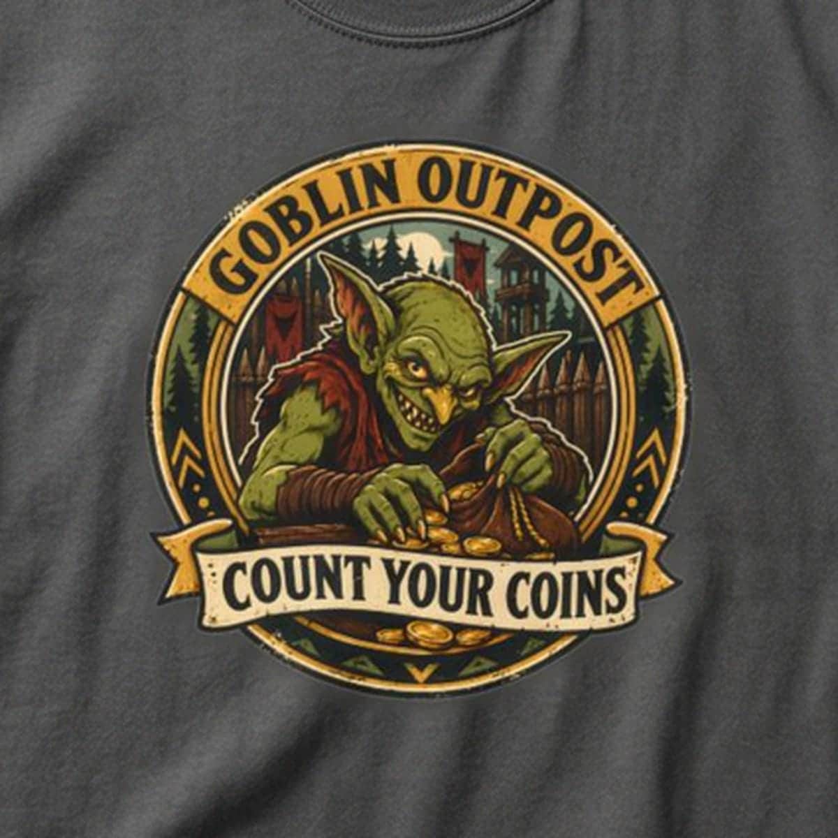 Deadpan national park style graphic tee warning tabletop adventurers to guard their coin pouches from grinning goblin scavengers, the printed design seen close up - close-up photo