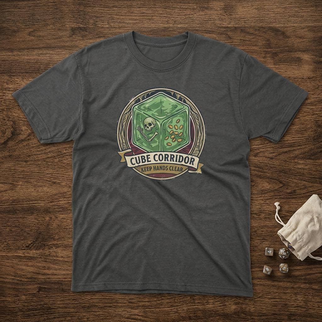 Vintage national park warning graphic tee featuring tabletop gaming's iconic translucent dungeon ooze alongside a deadpan caution sign for adventurers who touch strange corridor walls, shown laid flat among dice