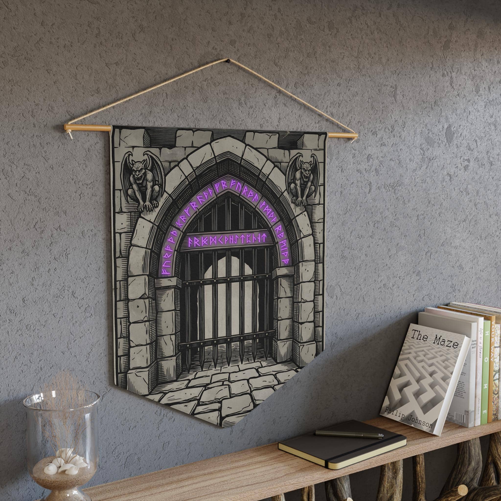 Hanging canvas pennant styled as an ancient dungeon threshold, turning any game room or basement door into an immersive portal for weekly campaign nights, in a room setting
