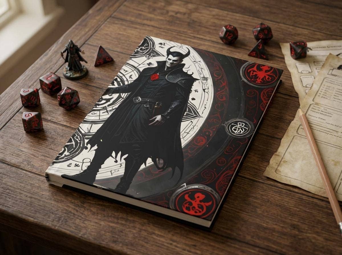 Document your fiendish pacts and dark magic in this exclusive, gothic journal, shown on the game table among dice and character sheets