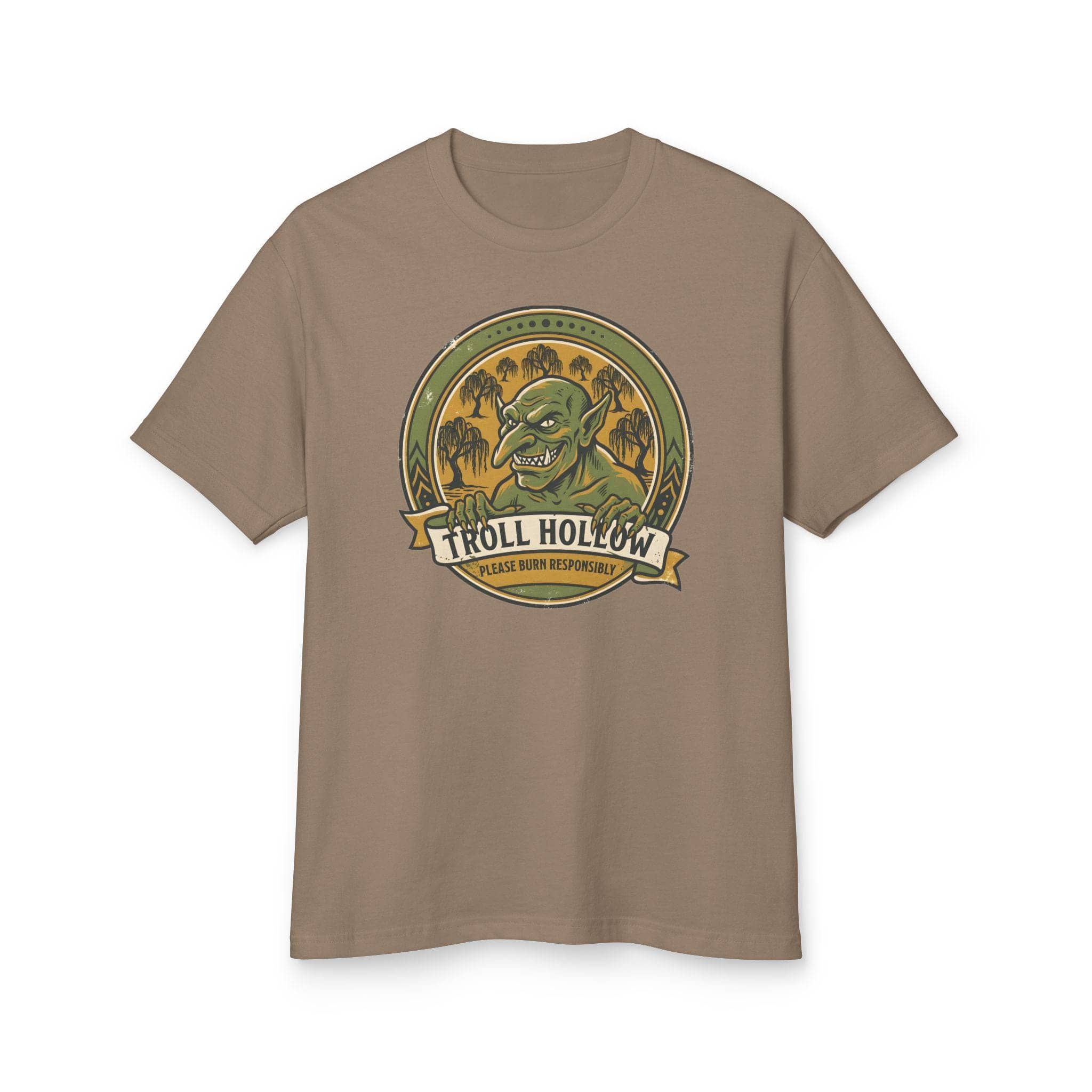 Vintage national park parody tee featuring a gangly swamp troll alongside a deadpan 'Please Burn Responsibly' fire warning for tabletop adventurers exploring monster-infested wetlands, front view