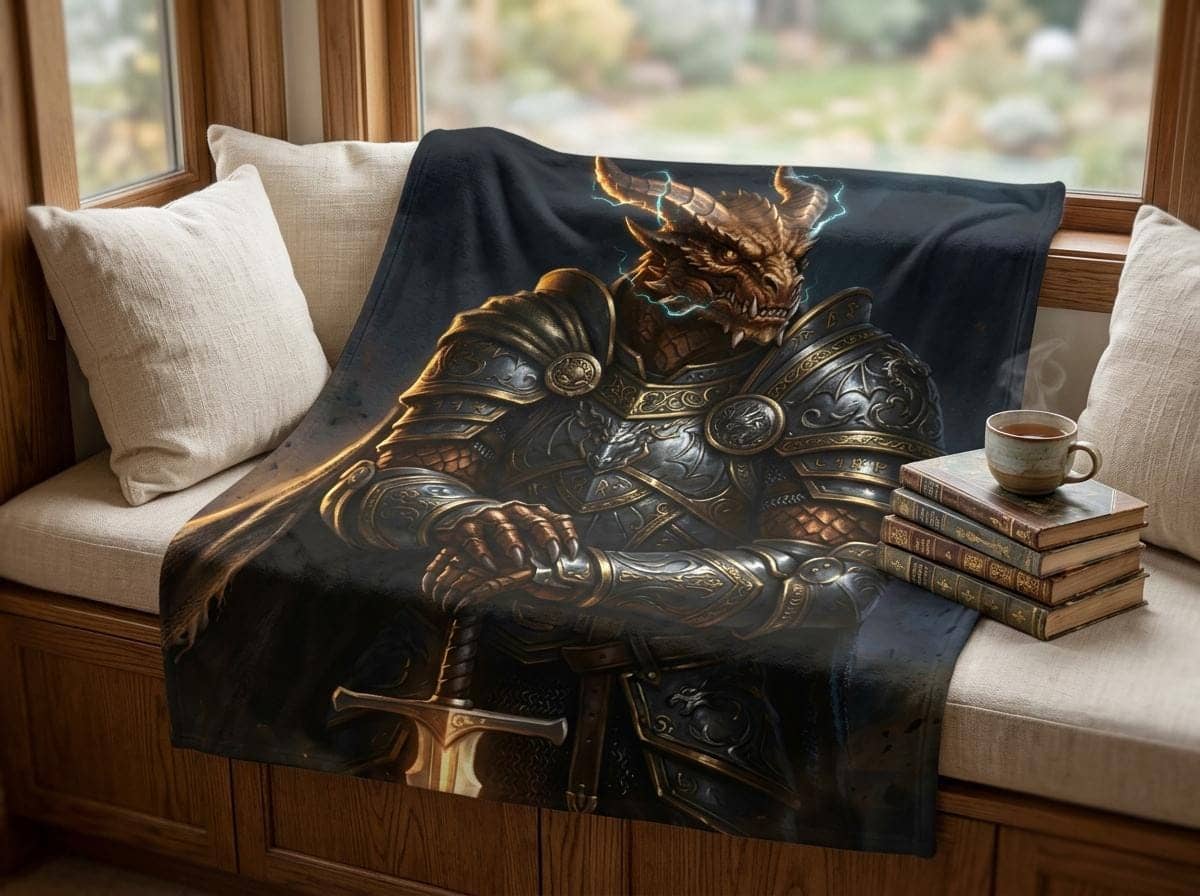 A plush fantasy throw blanket spotlighting a fierce bronze dragonborn paladin in etched plate armor, built to keep tabletop adventurers warm during long campaign sessions while doubling as dramatic game room wall or couch decor