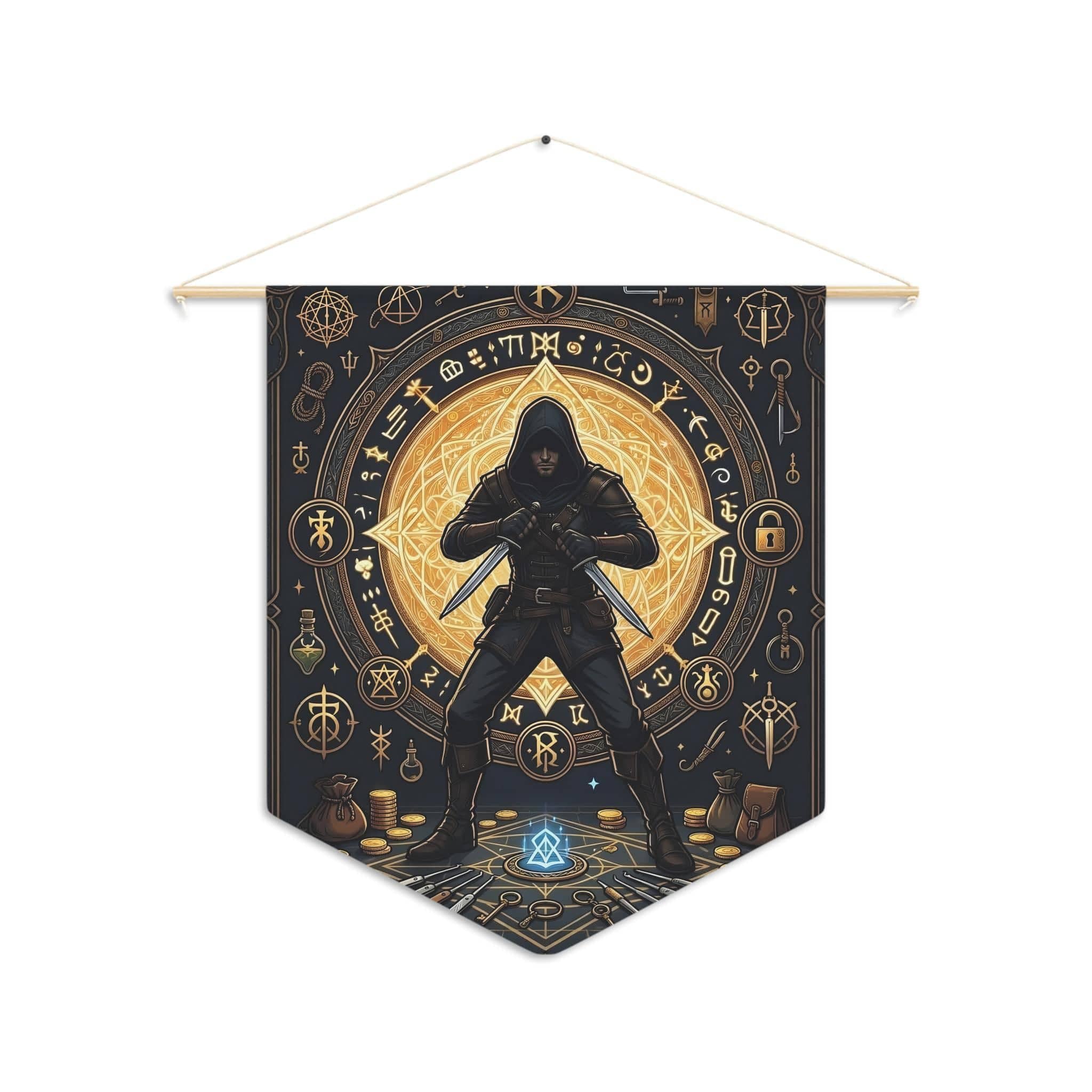 Cunning male human rogue illustration framed by shadowy arcane runes, twin daggers, and thieves' tools on a premium pennant, front view